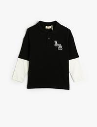 Tişört Uzun Kollu Polo Yaka Kolej Baskılı Renk Bloklu Pamuklu