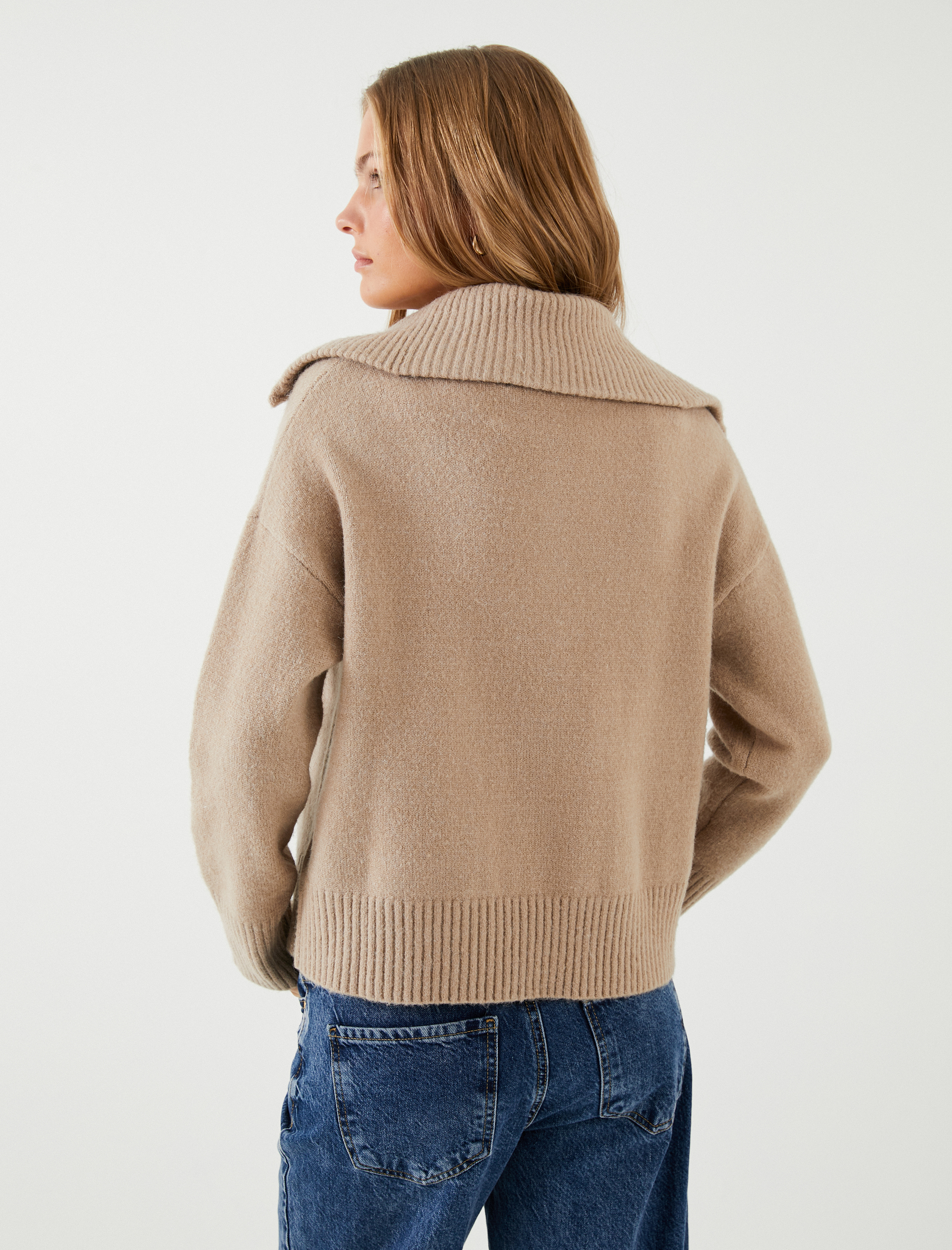   Oversize Kazak Dik Yaka Yarım Fermuarlı Örgü