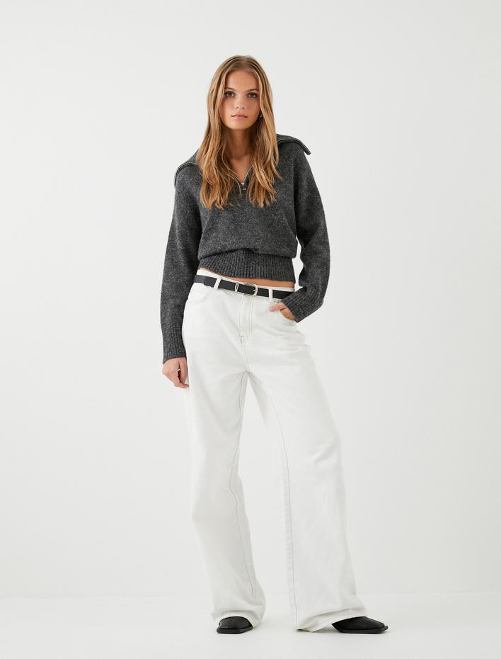  Oversize Kazak Dik Yaka Yarım Fermuarlı Örgü