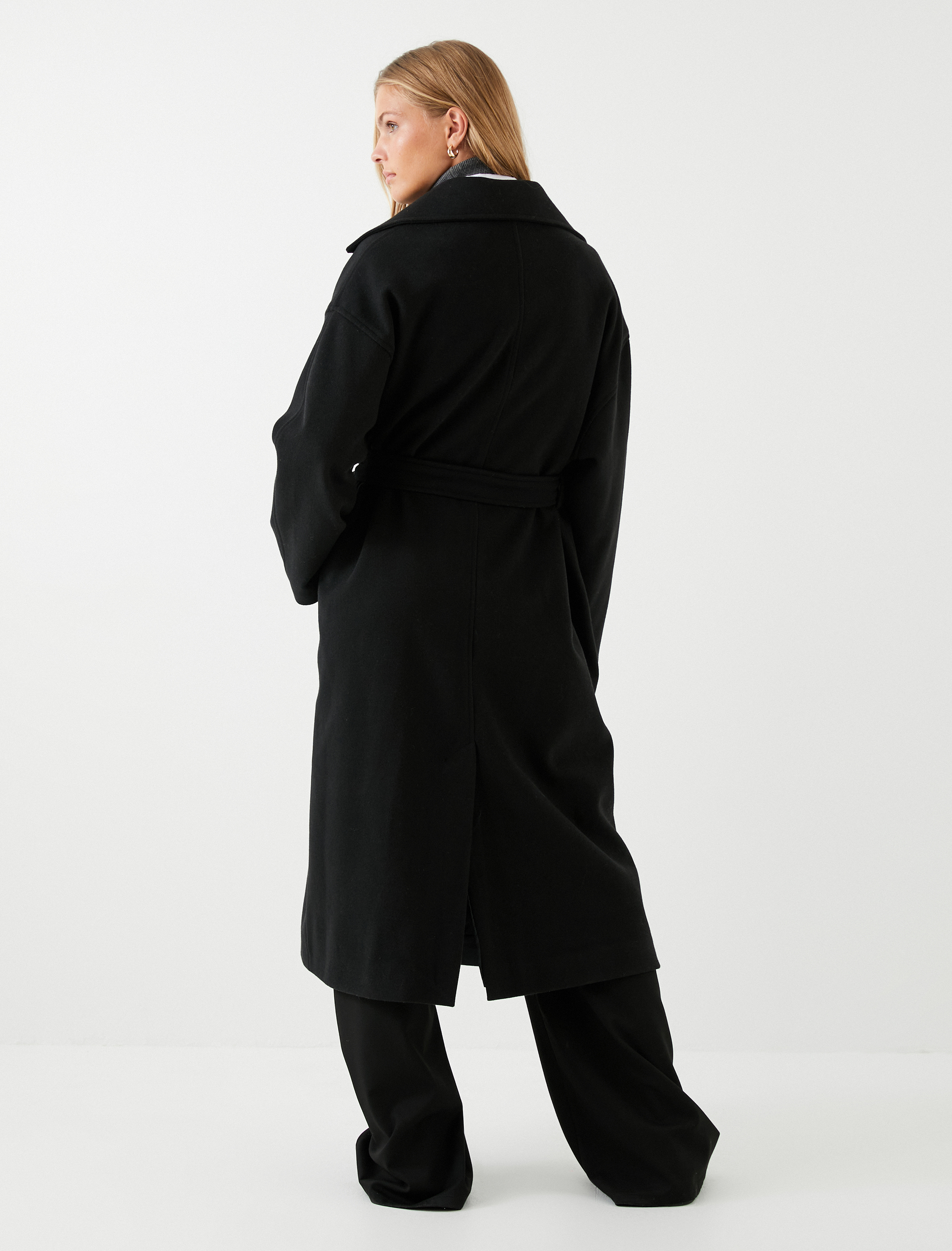   Uzun Kaşe Kaban Düğmeli Kruvaze Beli Kuşaklı Cepli