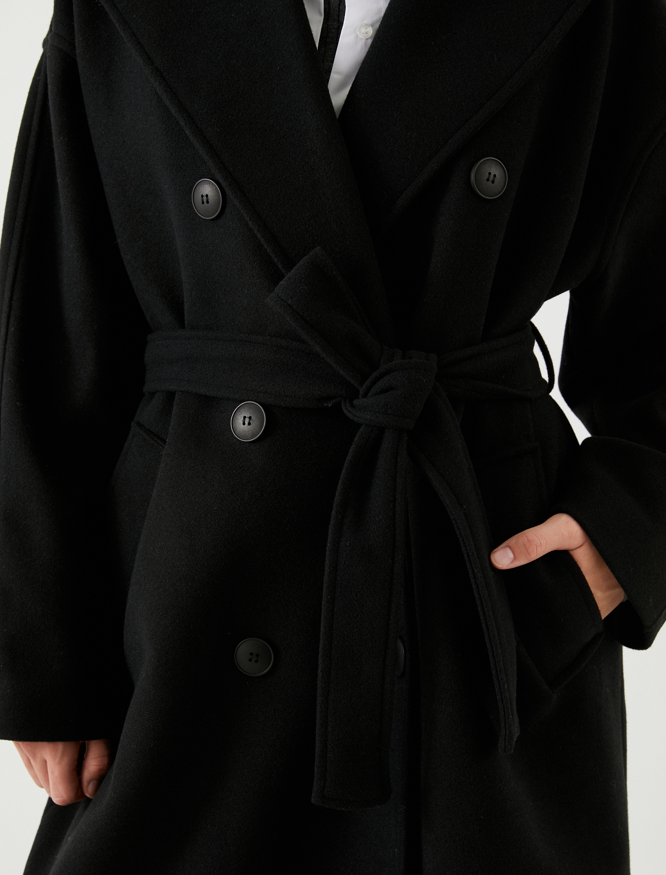   Uzun Kaşe Kaban Düğmeli Kruvaze Beli Kuşaklı Cepli