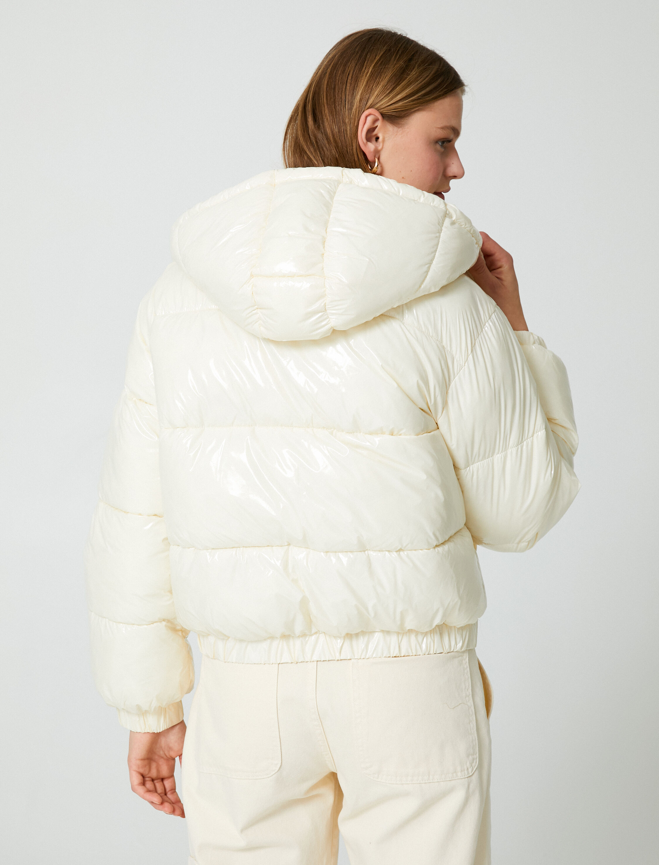   Kısa Şişme Mont Parlak Kapüşonlu Fermuarlı