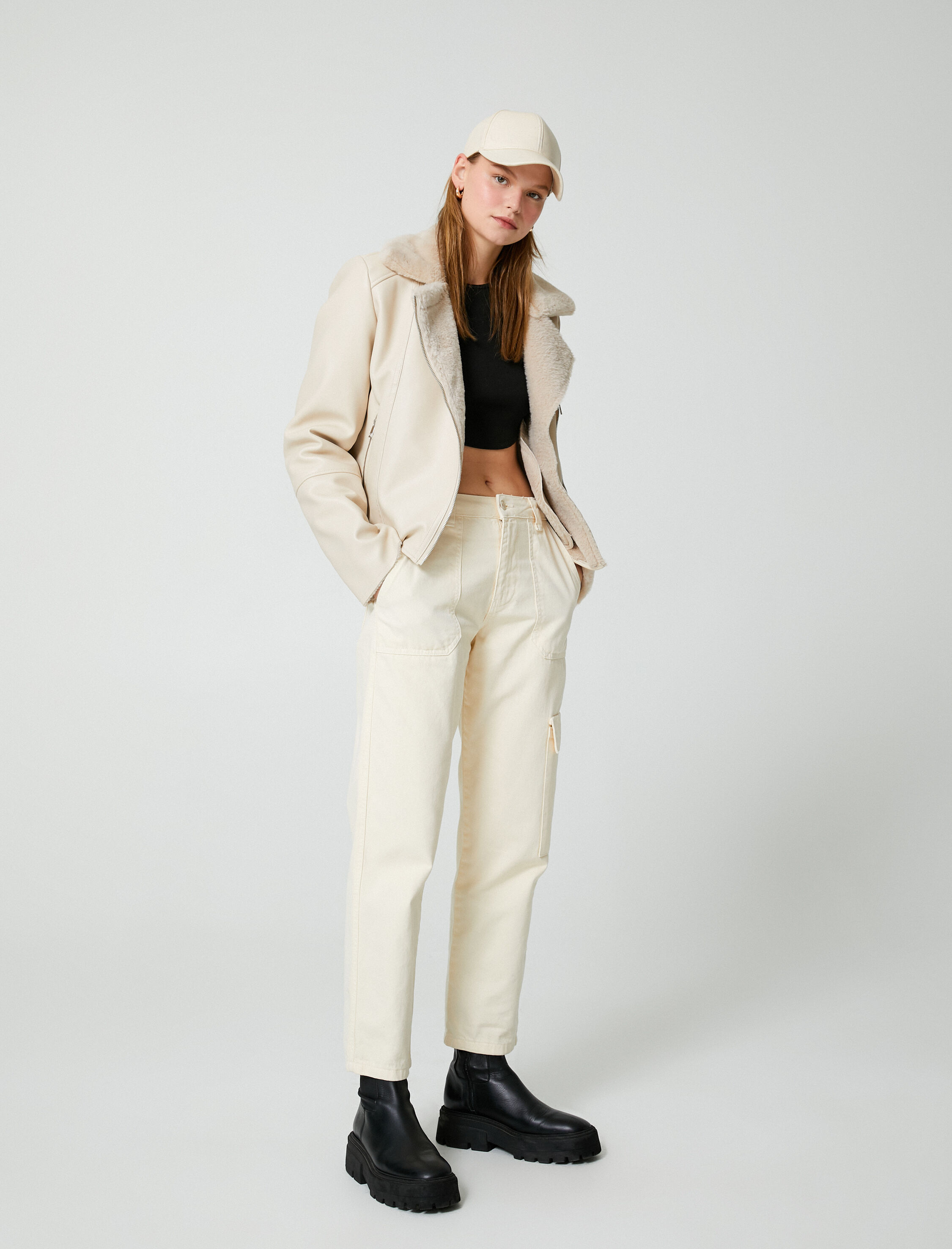   Biker Ceket Suni Deri İçi Suni Kürklü Fermuarlı