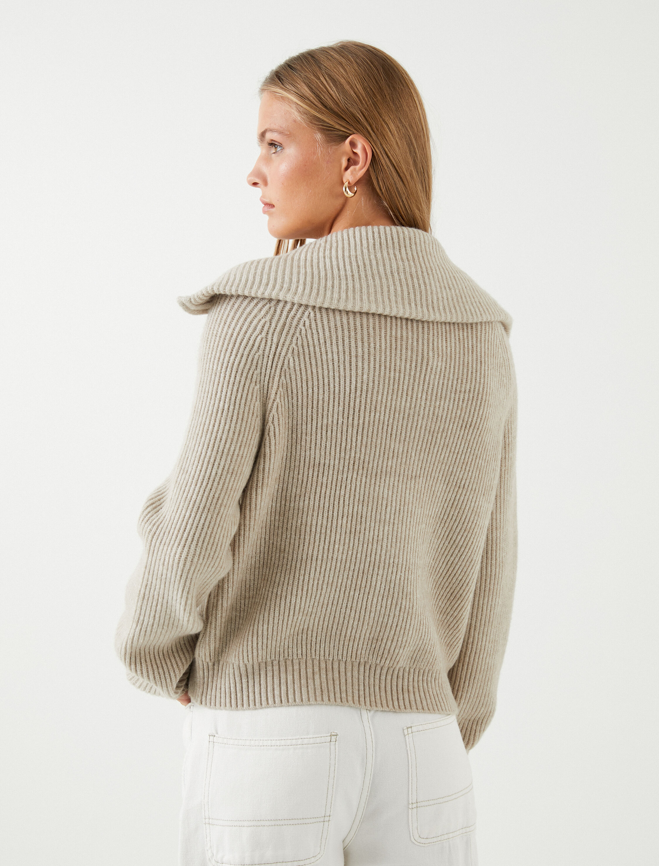   Fermuarlı Hırka Örgü Geniş Yaka Fitilli