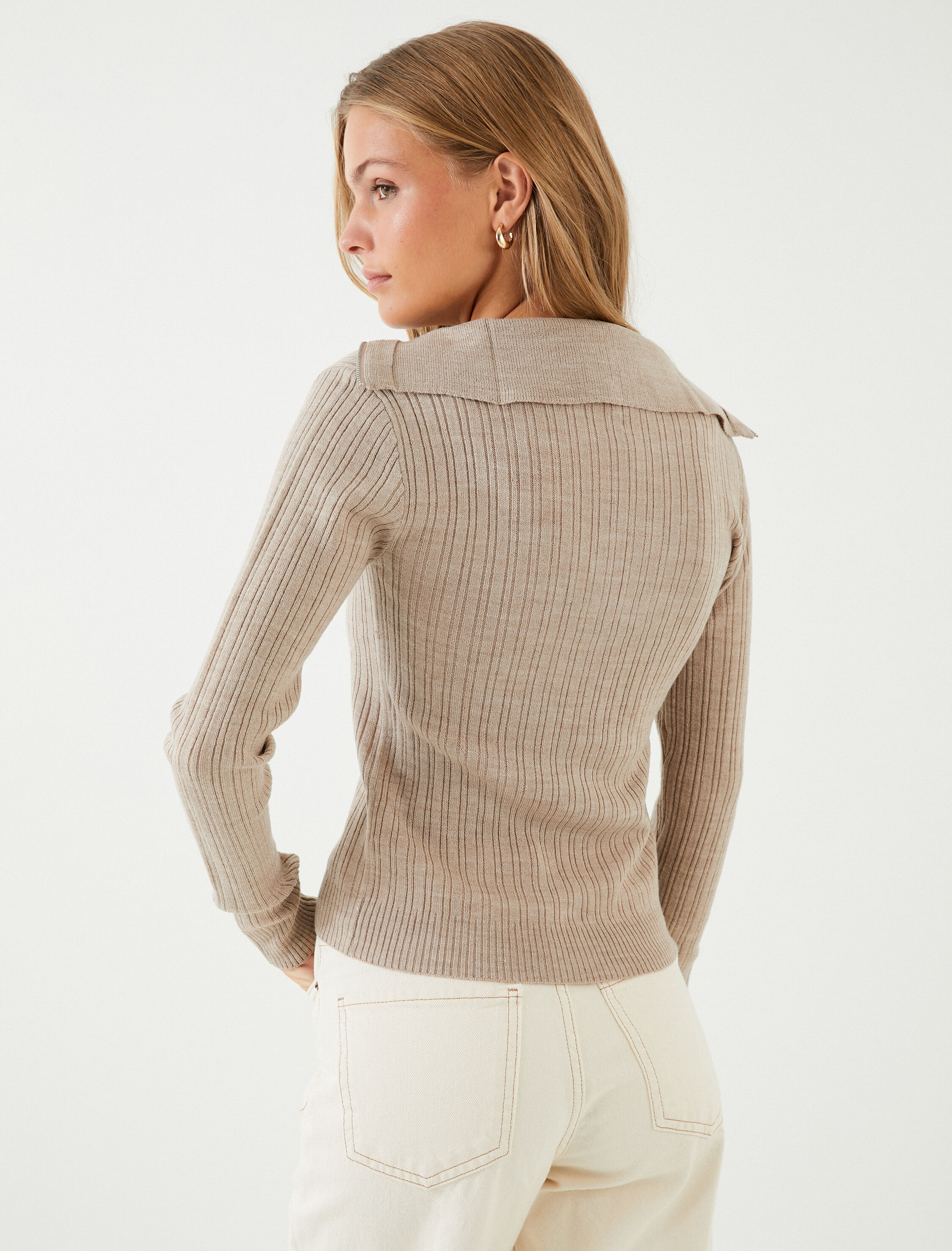   Triko Kazak Yarım Fermuarlı Geniş Yaka Fitilli  Kaşmir Dokulu