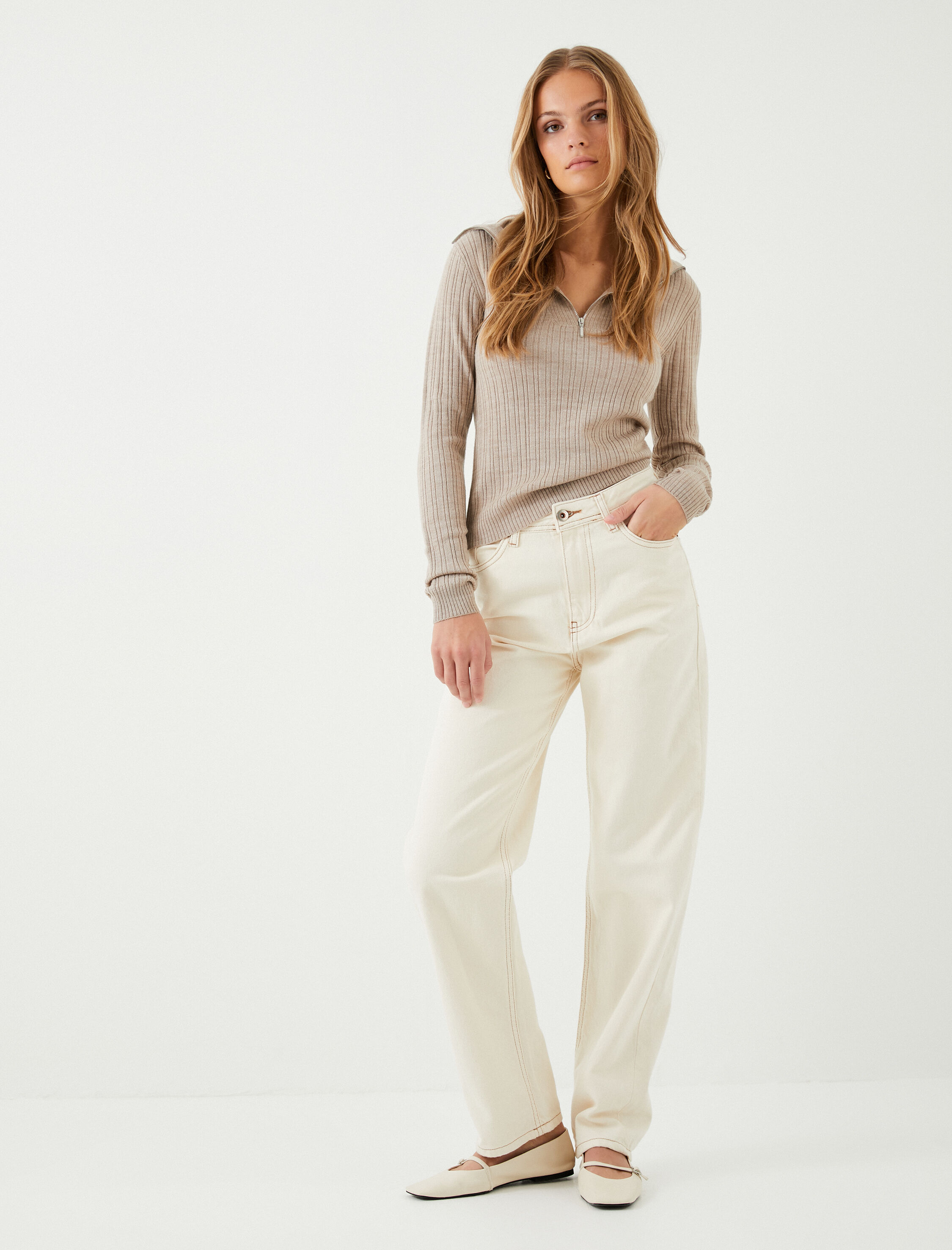   Triko Kazak Yarım Fermuarlı Geniş Yaka Fitilli  Kaşmir Dokulu