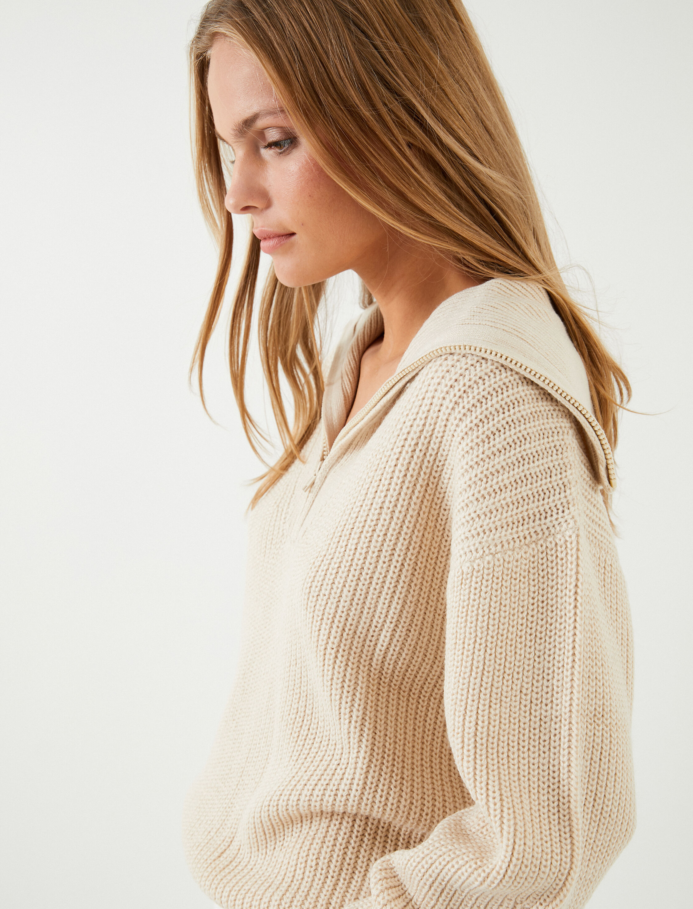   Geniş Yaka Kazak Yarım Fermuarlı Örgü