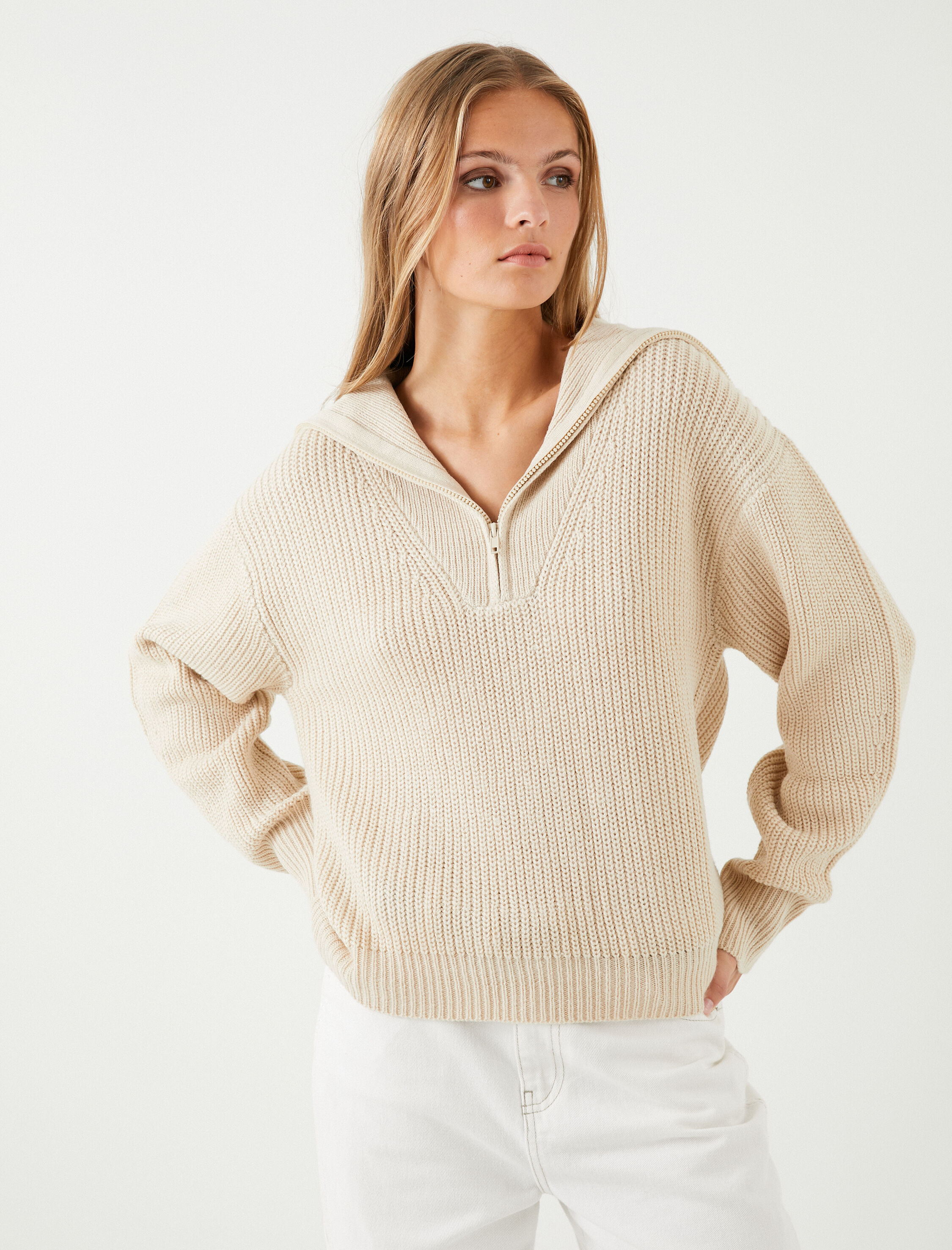   Geniş Yaka Kazak Yarım Fermuarlı Örgü