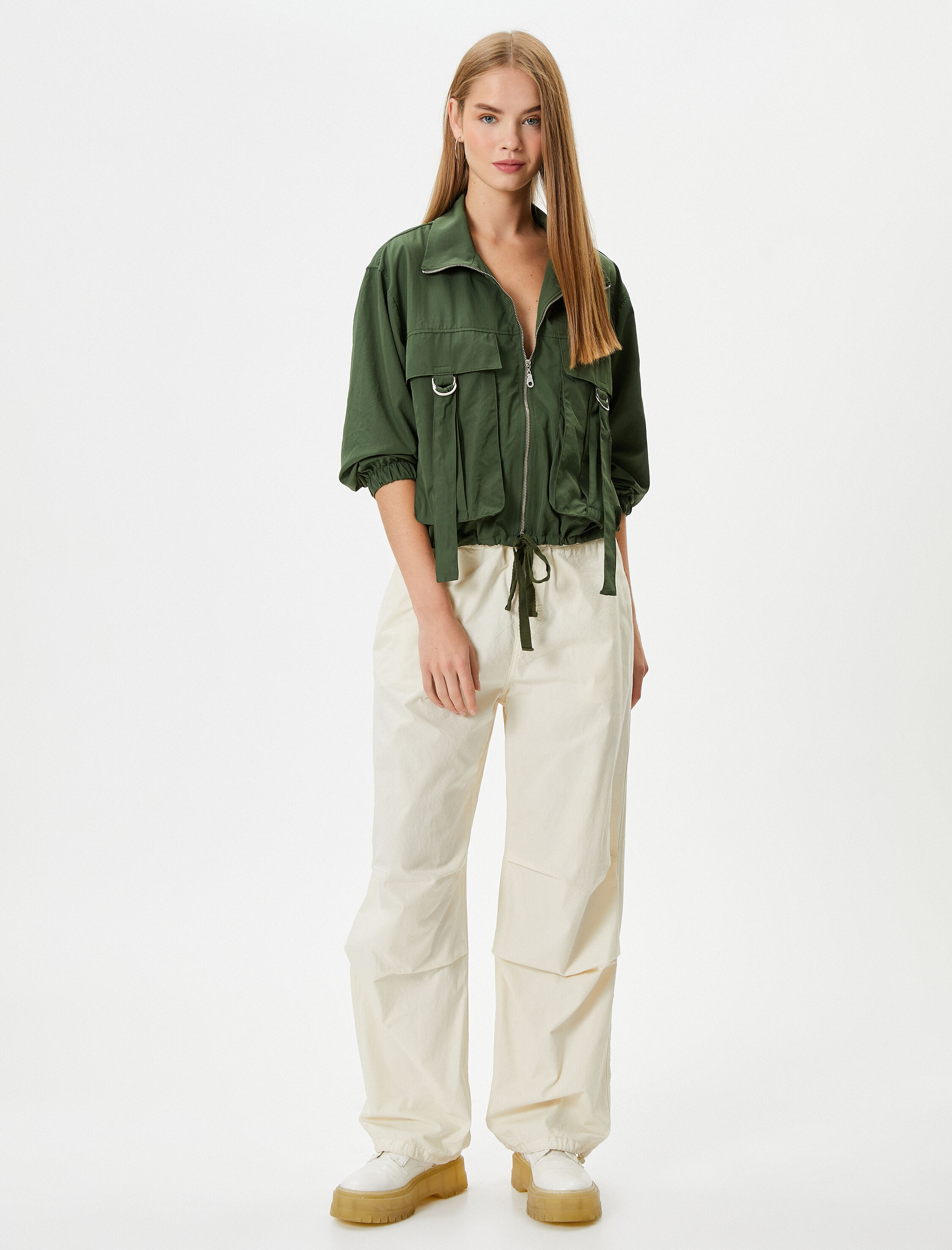 Gömlek Ceket Fermuarlı Dik Yaka Kapaklı Cep Detaylı Rahat Kalıp