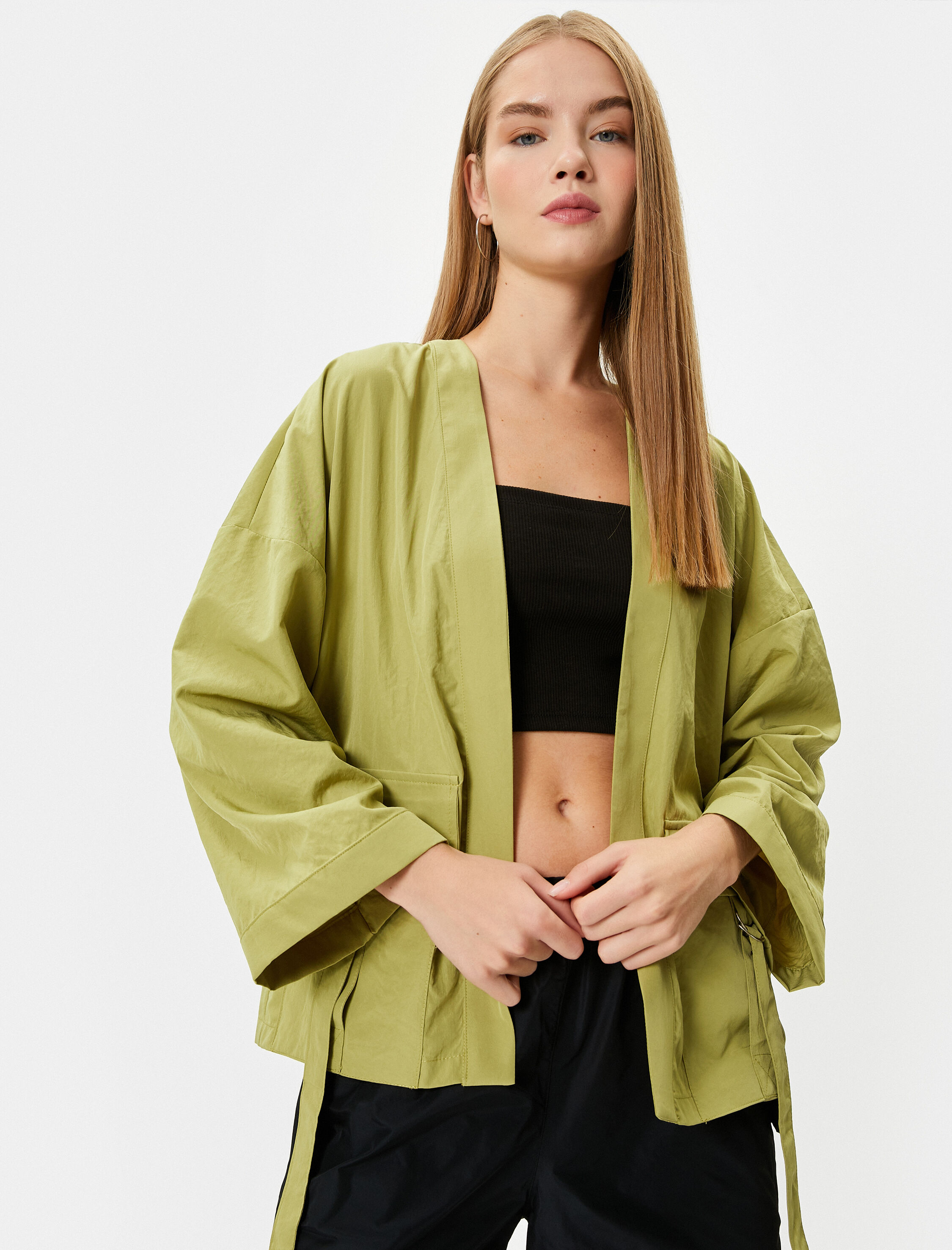   Kimono Uzun Geniş Kollu Kruvaze Yaka Kapaklı Cep Detaylı