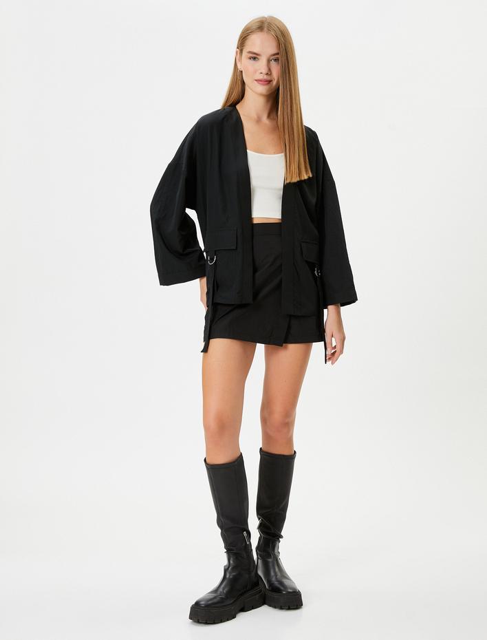  Kimono Uzun Geniş Kollu Kruvaze Yaka Kapaklı Cep Detaylı