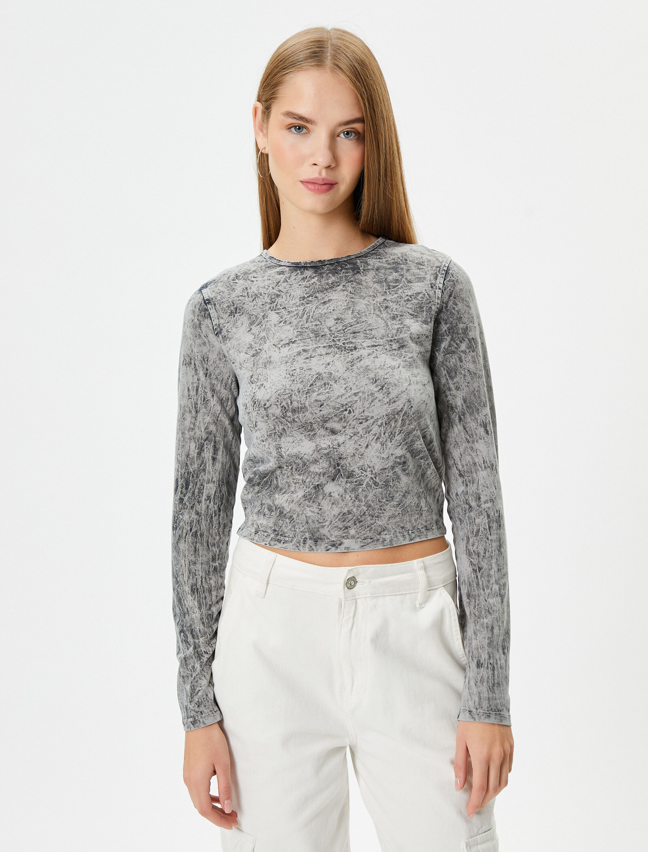   Uzun Kollu Tişört Soluk Efektli Dar Kalıp Bisiklet Yaka Pamuklu