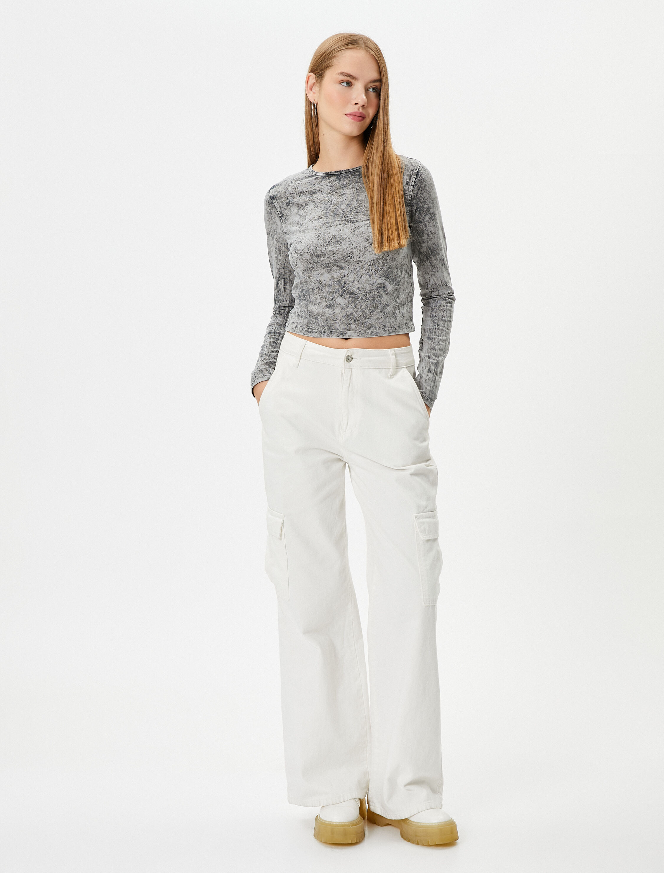   Uzun Kollu Tişört Soluk Efektli Dar Kalıp Bisiklet Yaka Pamuklu