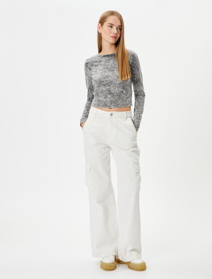  Uzun Kollu Tişört Soluk Efektli Dar Kalıp Bisiklet Yaka Pamuklu