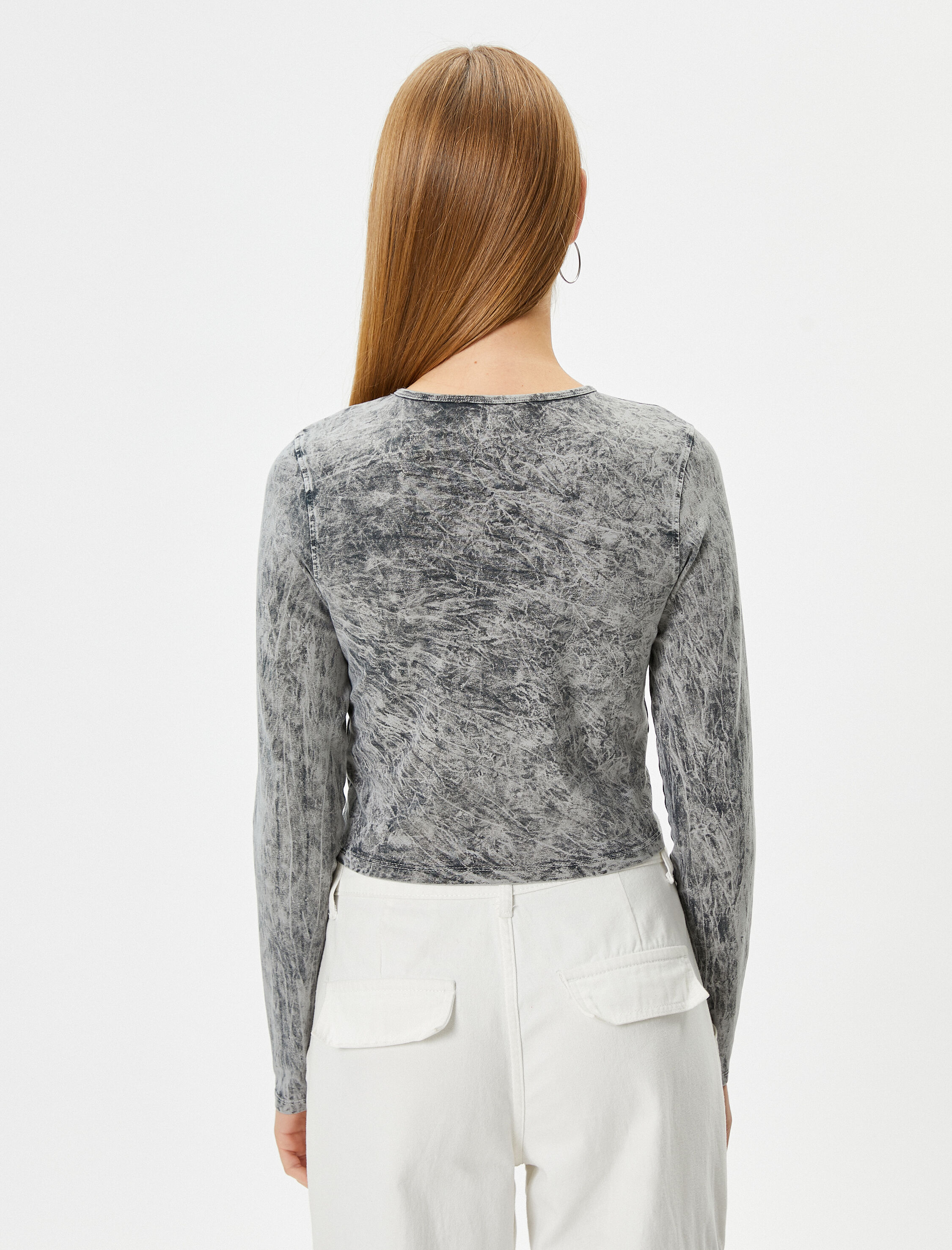   Uzun Kollu Tişört Soluk Efektli Dar Kalıp Bisiklet Yaka Pamuklu