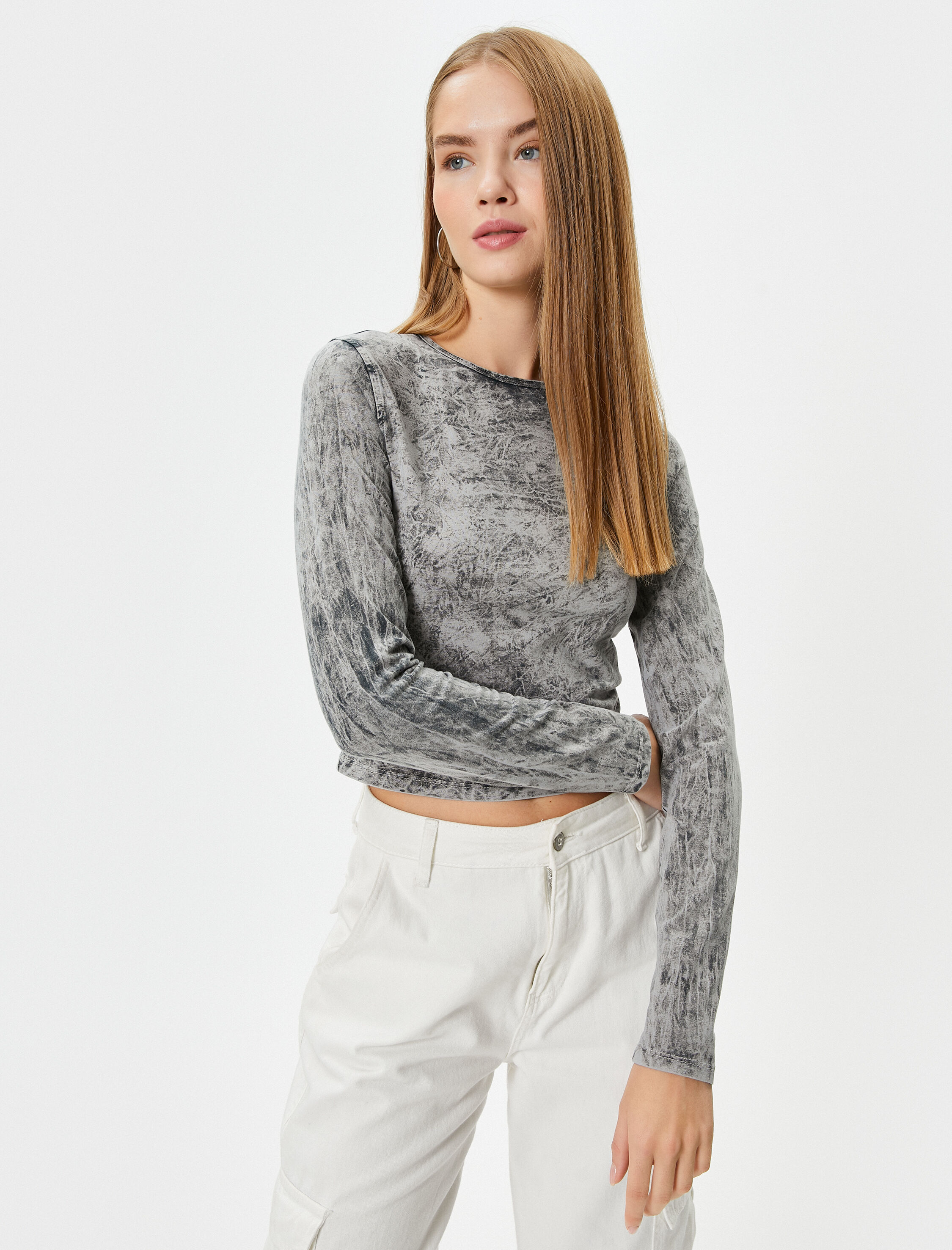   Uzun Kollu Tişört Soluk Efektli Dar Kalıp Bisiklet Yaka Pamuklu