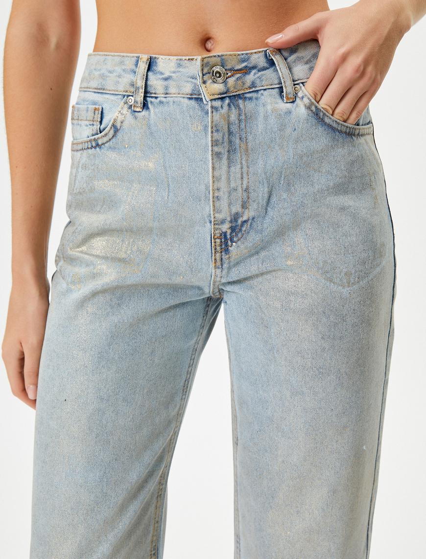   Metalik Parlak Straight Jean Kot Pantolon Yüksek Bel Düz Paça - Eve Jean