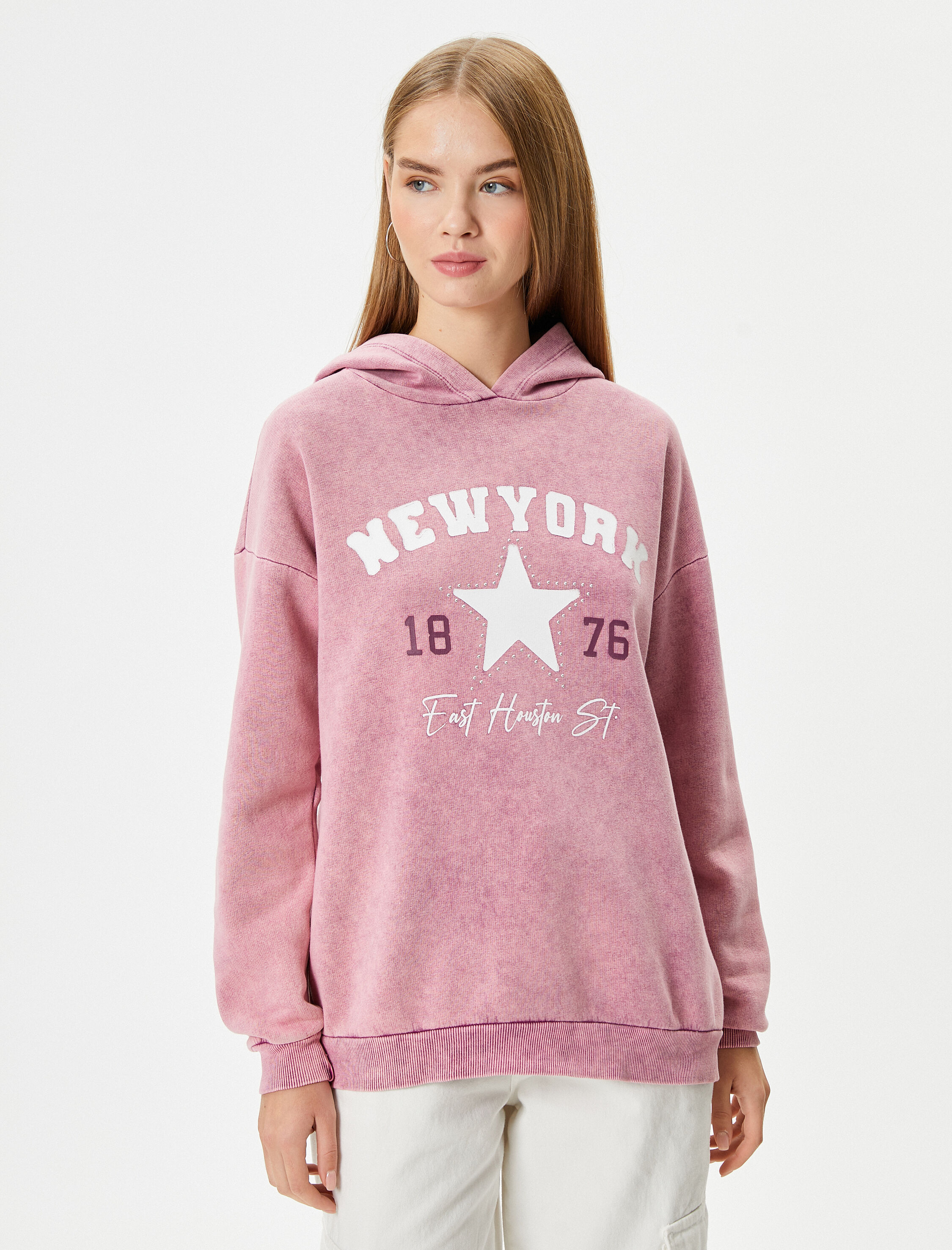   Kapşonlu Sweatshirt Soluk Efektli Şardonlu Pamuklu Baskılı