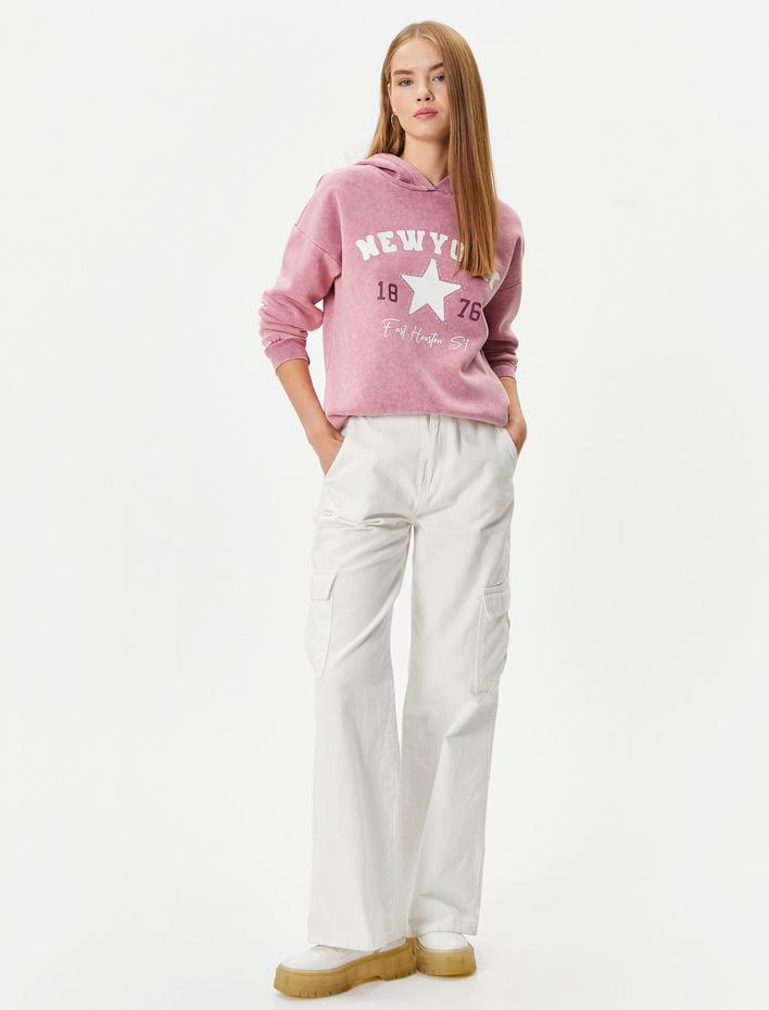  Kapşonlu Sweatshirt Soluk Efektli Şardonlu Pamuklu Baskılı