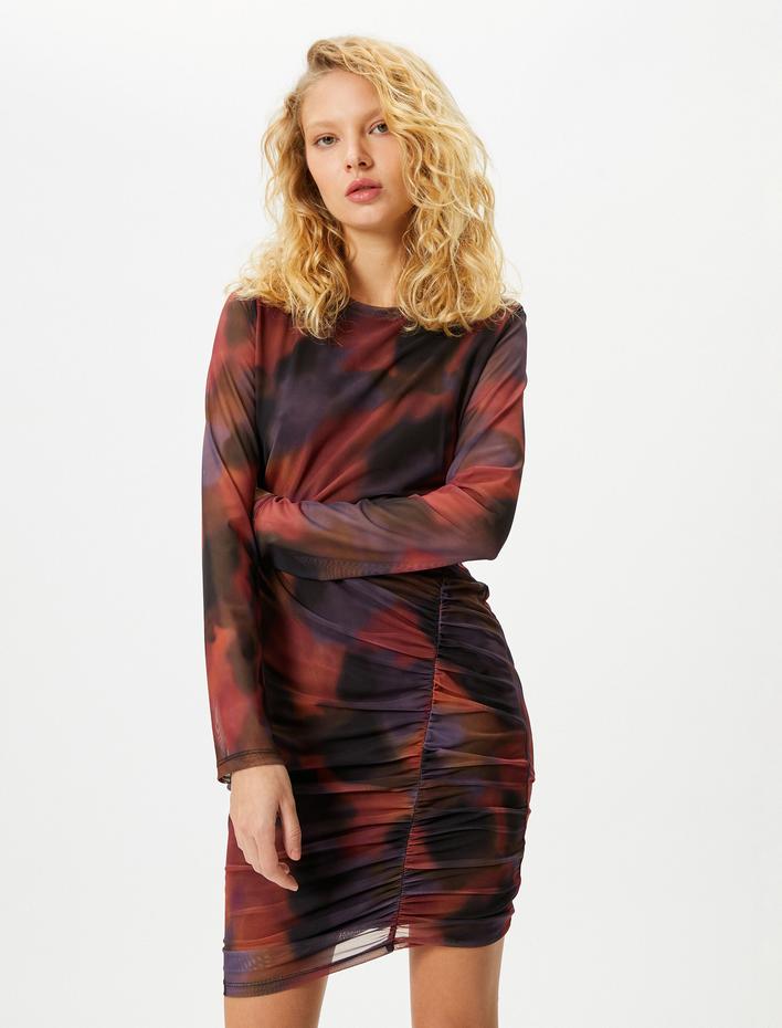  Tül Elbise Batik Desenli Drape Detaylı Uzun Kollu Bisiklet Yaka Astarlı