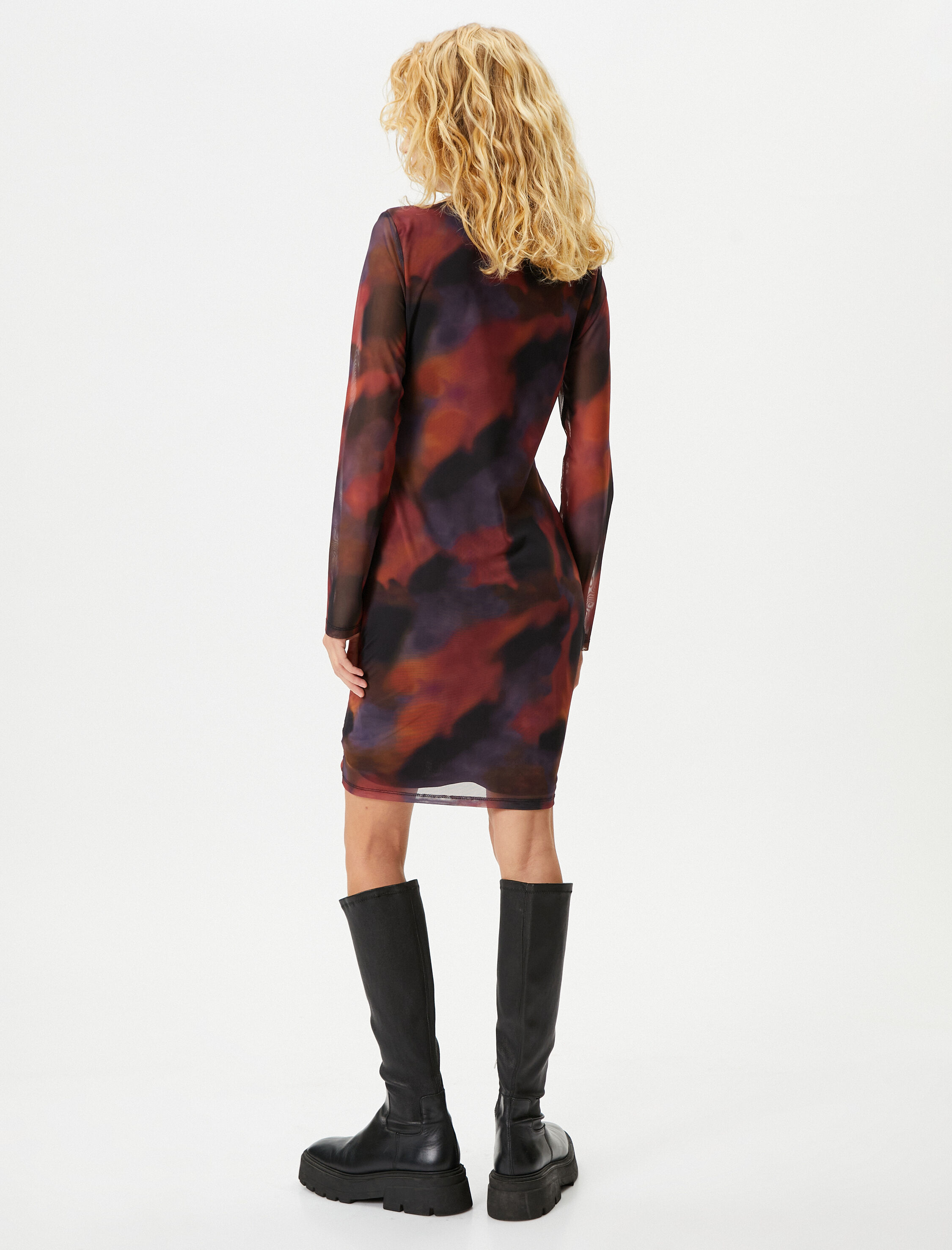   Tül Elbise Batik Desenli Drape Detaylı Uzun Kollu Bisiklet Yaka Astarlı