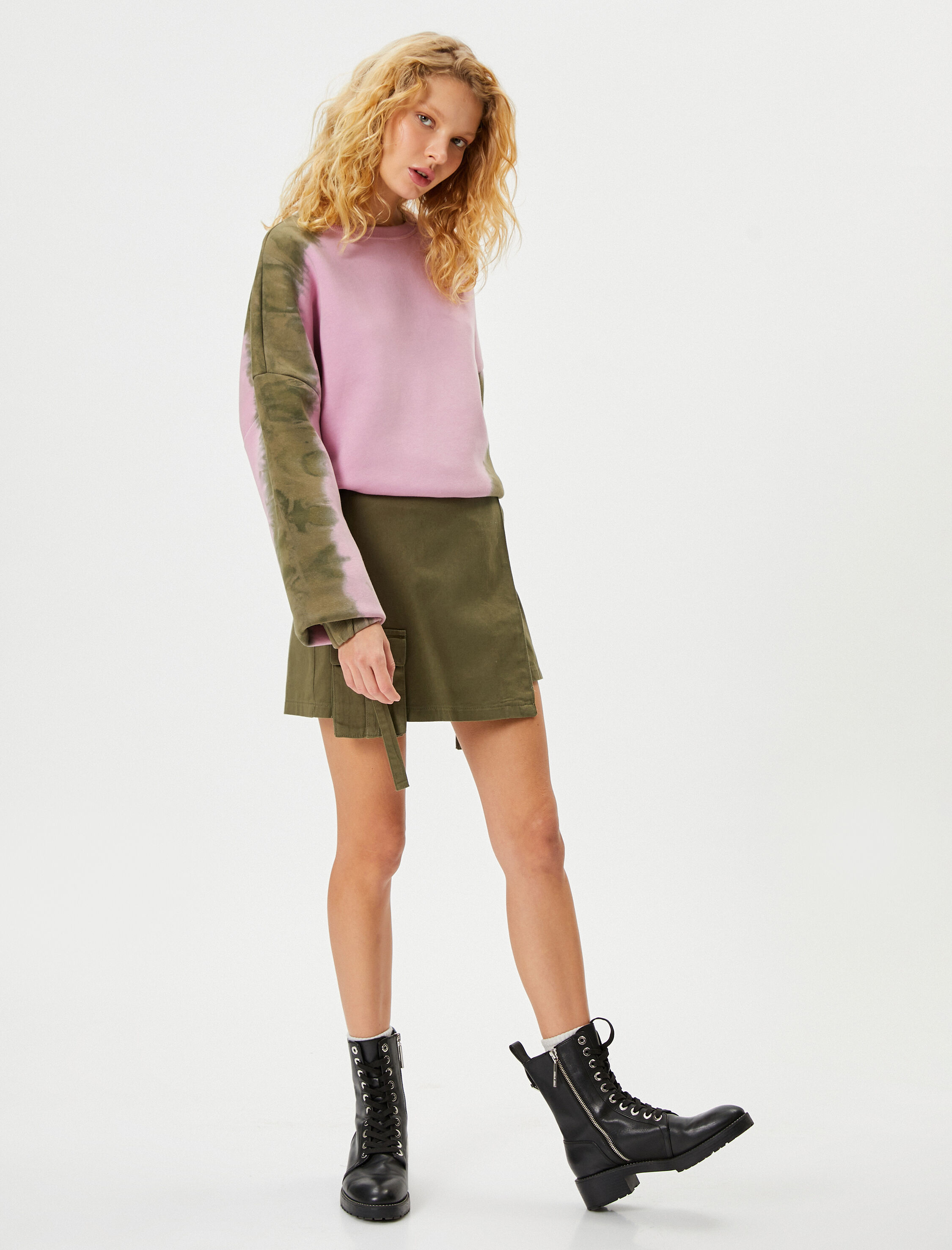   Şardonlu Batik Desenli Oversize Sweatshirt Bisiklet Yaka Uzun Kollu