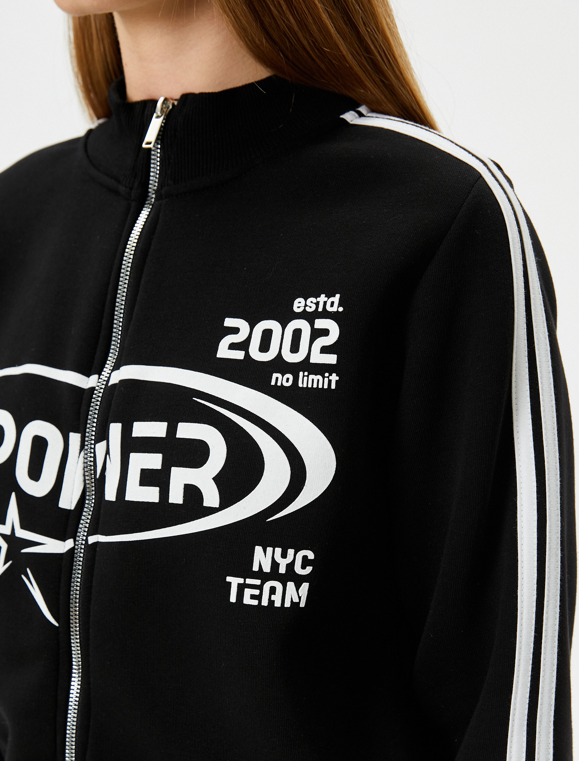   Şardonlu Crop Çift Taraflı Fermuarlı Sweatshirt Baskılı Dik Yaka Çizgili