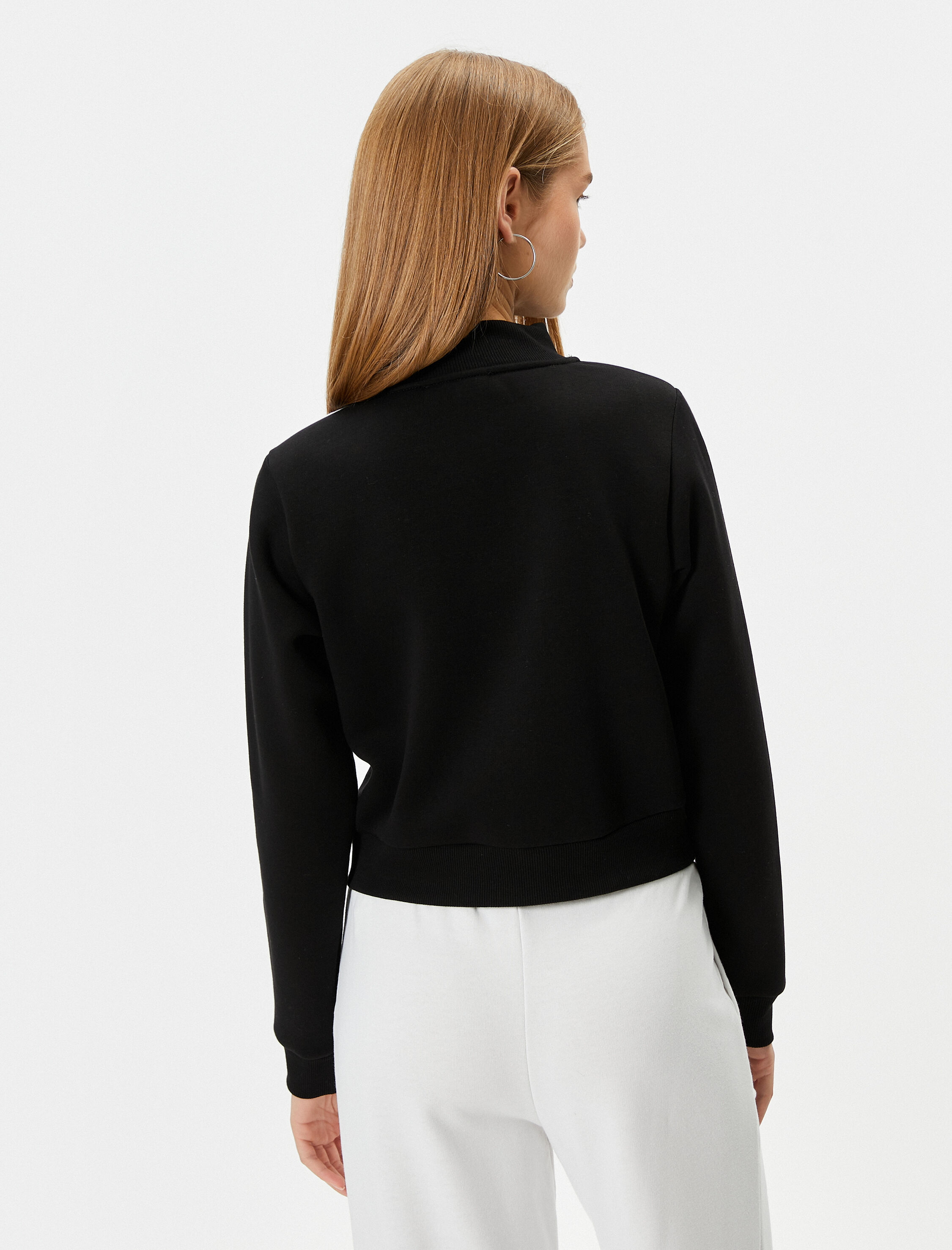   Şardonlu Crop Çift Taraflı Fermuarlı Sweatshirt Baskılı Dik Yaka Çizgili