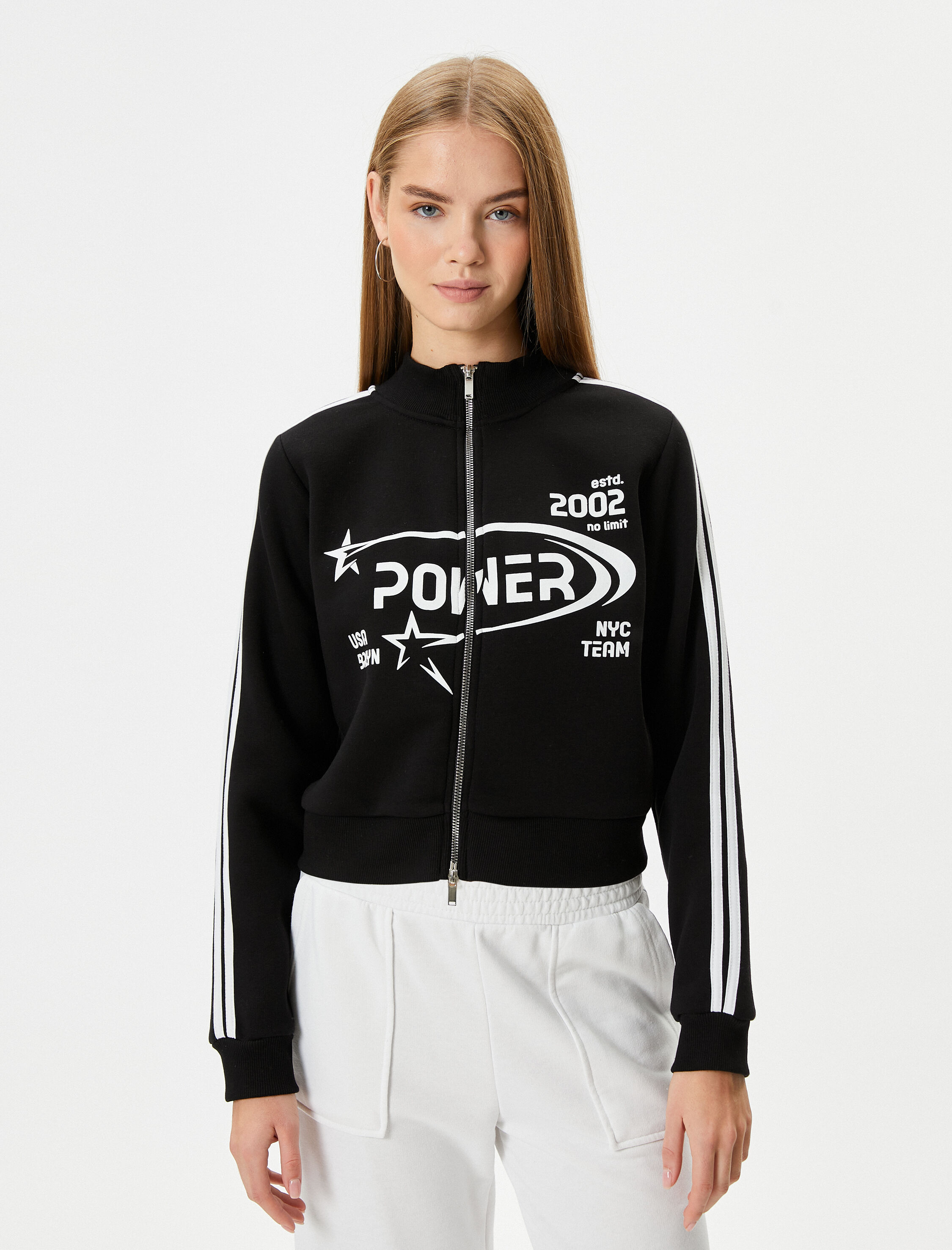   Şardonlu Crop Çift Taraflı Fermuarlı Sweatshirt Baskılı Dik Yaka Çizgili