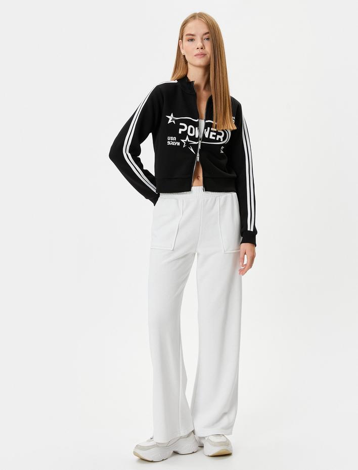  Şardonlu Crop Çift Taraflı Fermuarlı Sweatshirt Baskılı Dik Yaka Çizgili