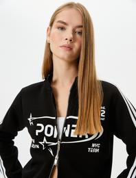 Crop Çift Taraflı Fermuarlı Sweatshirt Baskılı Dik Yaka Çizgili