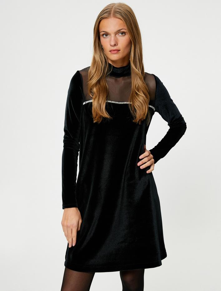  Mini Kadife Elbise Dik Yaka Parlak Taş ve Tül Detaylı