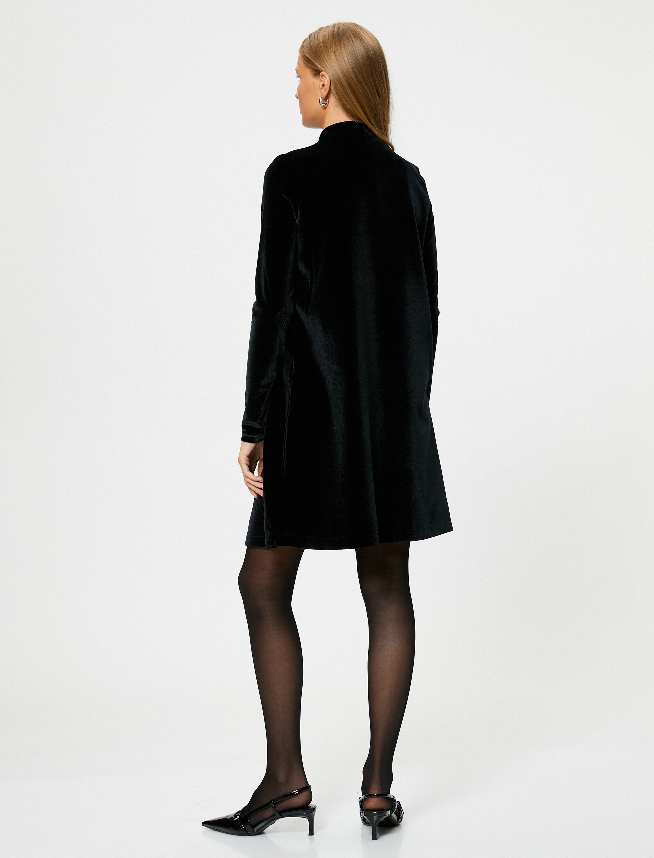   Mini Kadife Elbise Dik Yaka Parlak Taş ve Tül Detaylı