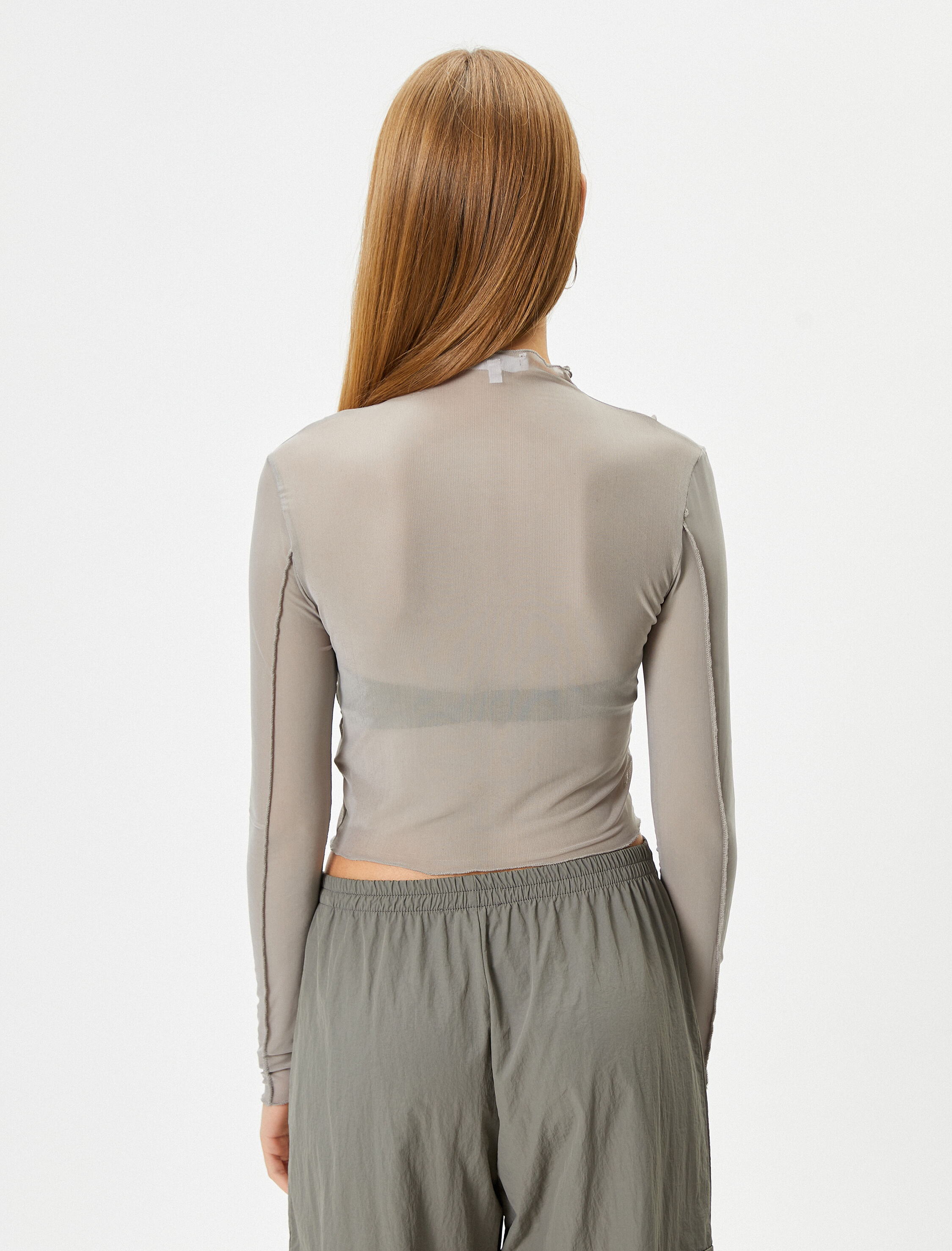   Tül Bluz Uzun Kollu Nervürlü Dik Yaka Dar Kalıp