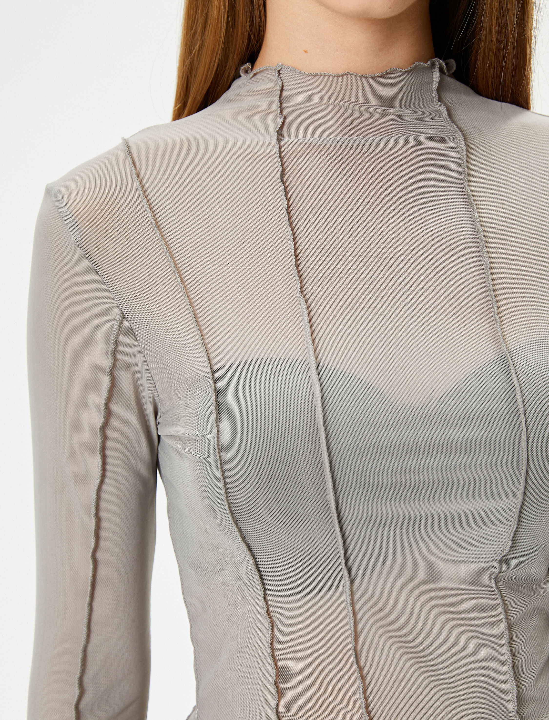   Tül Bluz Uzun Kollu Nervürlü Dik Yaka Dar Kalıp