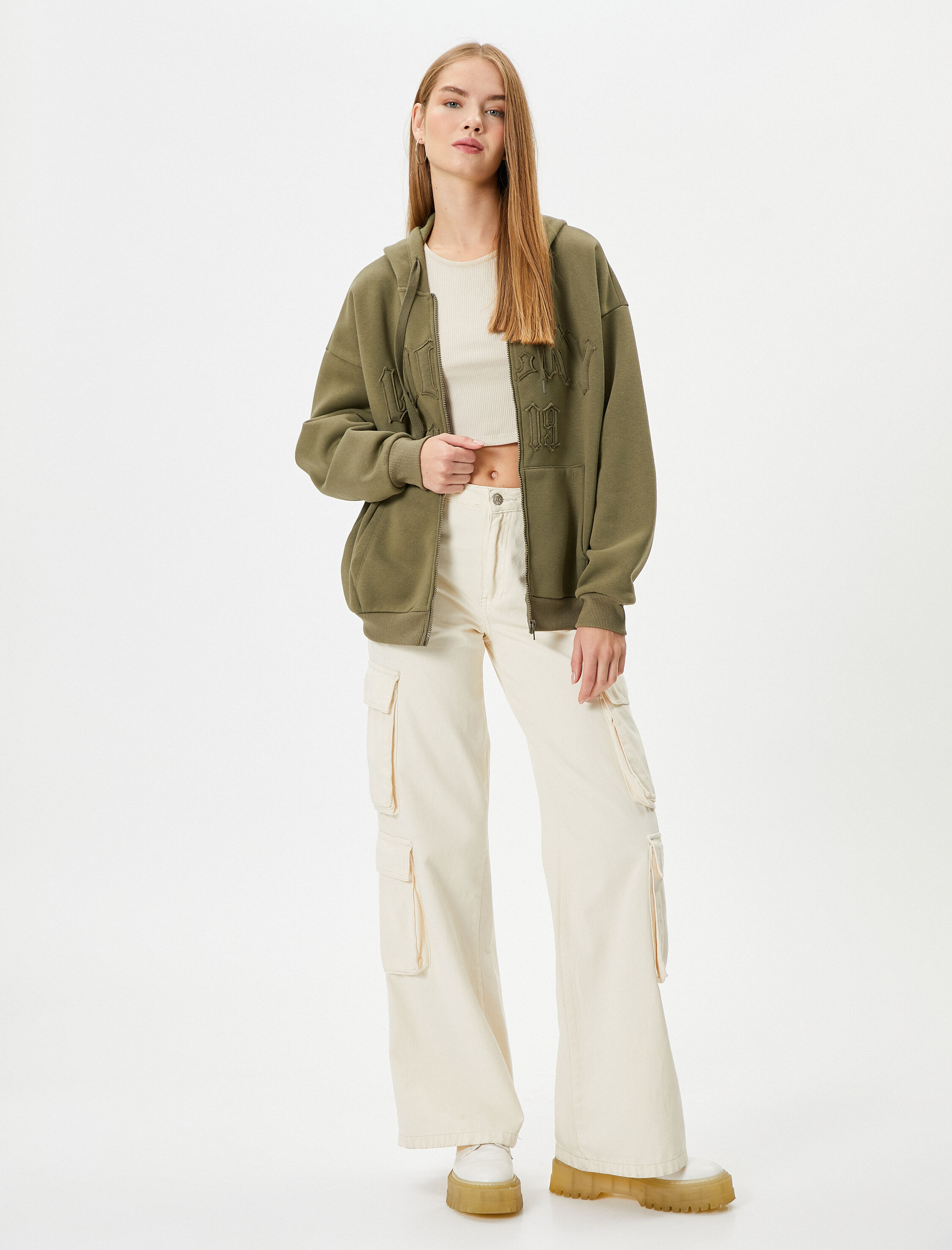   Oversize Kapşonlu Fermuarlı Sweatshirt Şardonlu Kolej Temalı Cepli