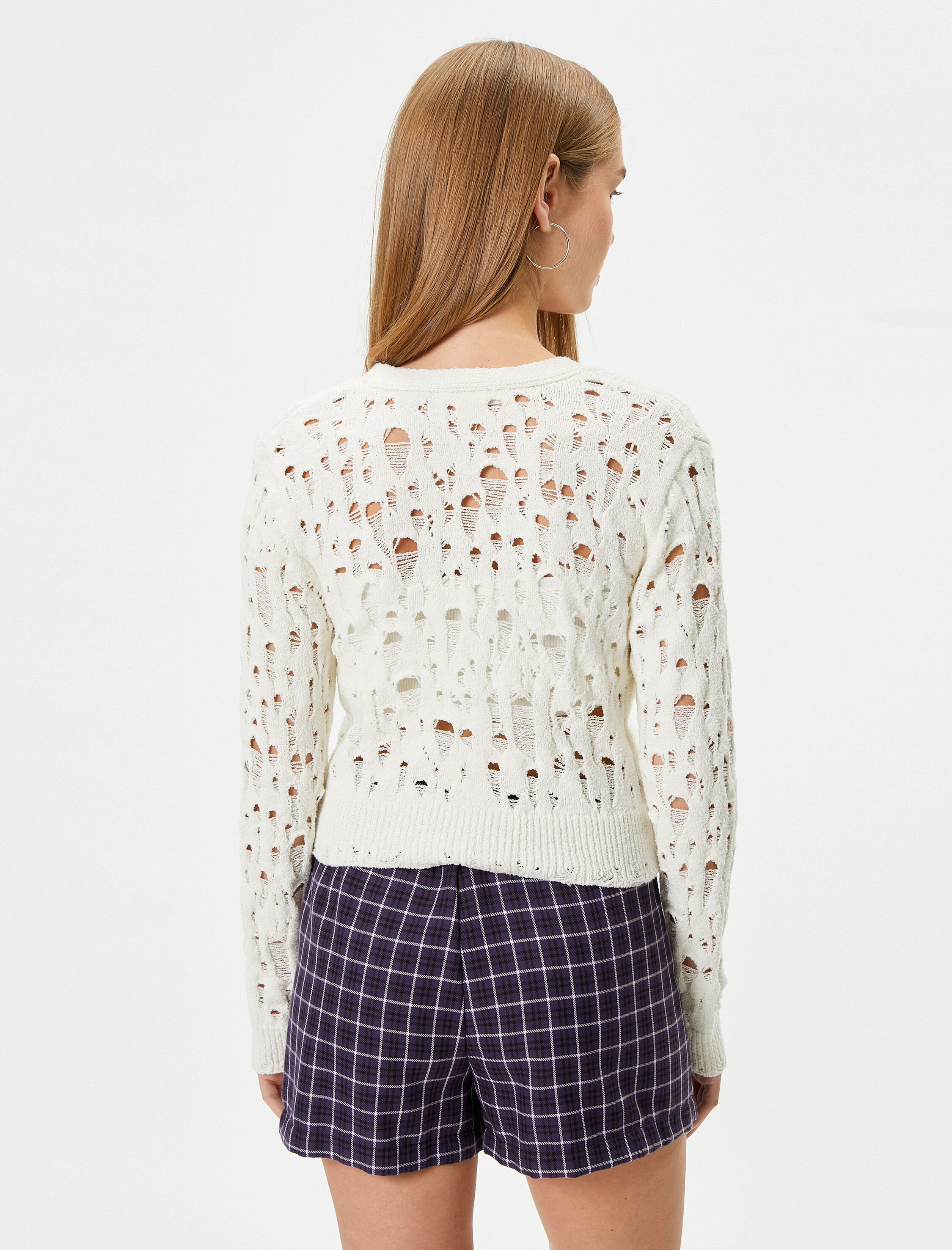   Ajurlu Yelek Uzun Kollu V Yaka Düğme Kapamalı