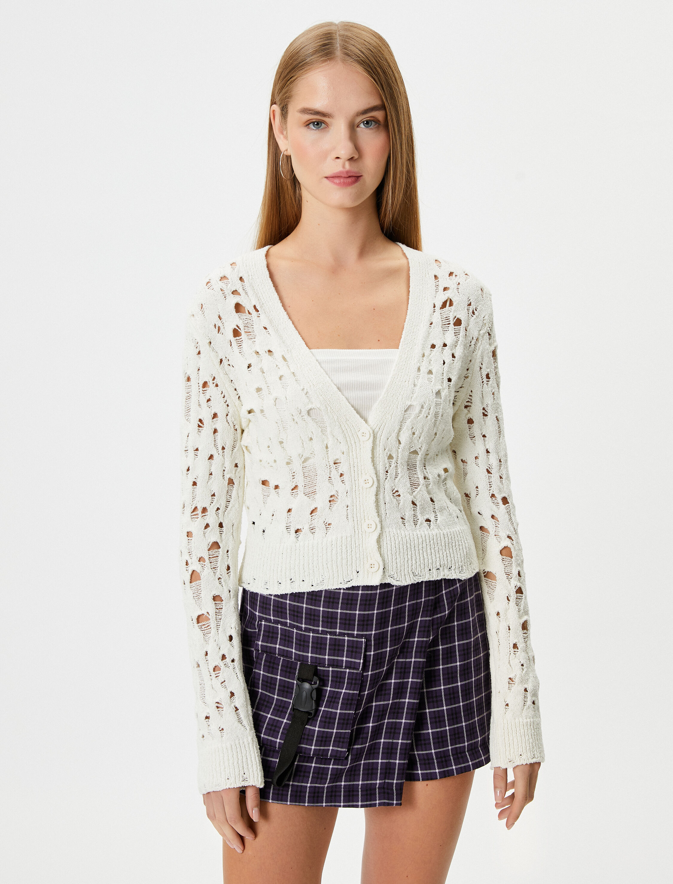   Ajurlu Yelek Uzun Kollu V Yaka Düğme Kapamalı