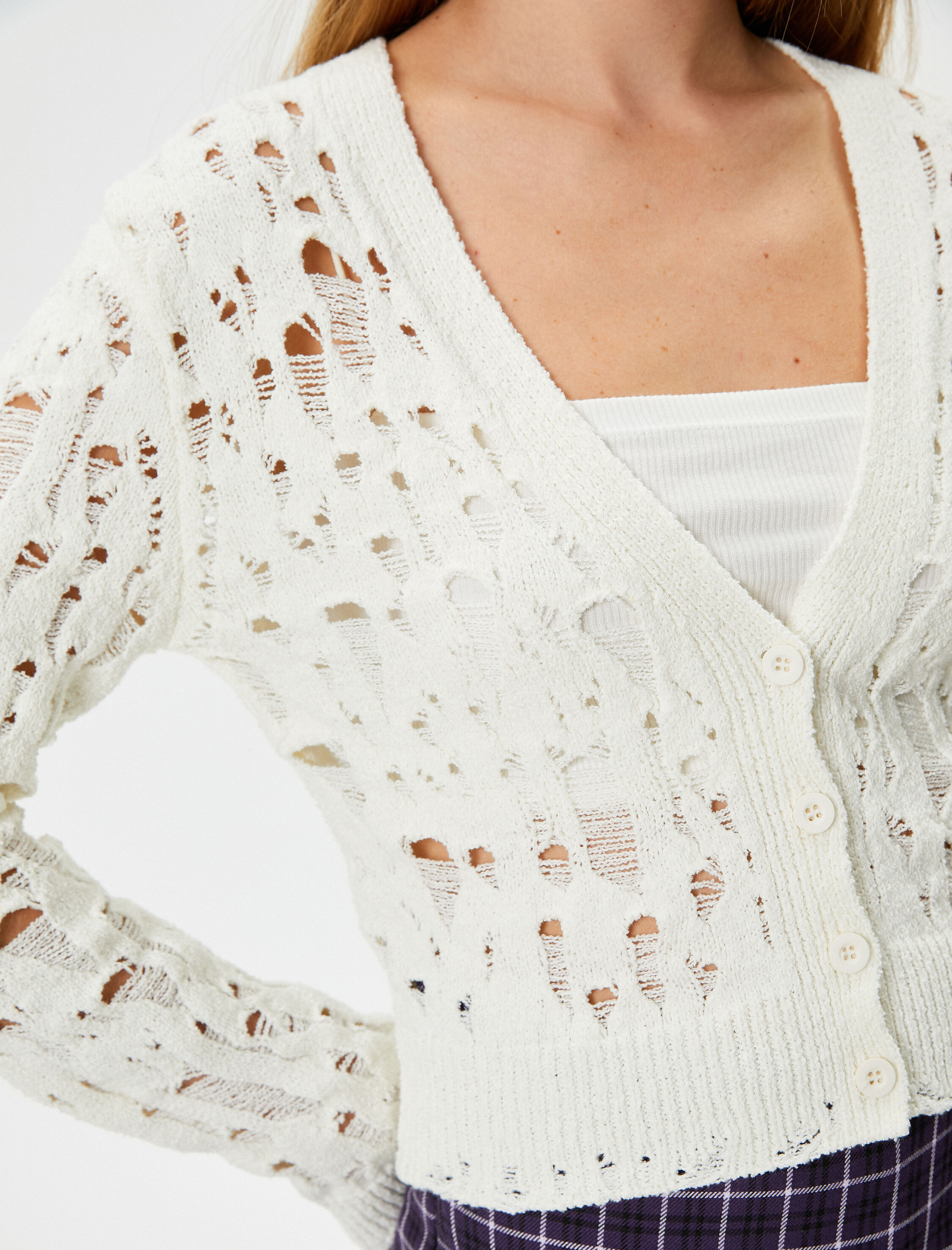   Ajurlu Yelek Uzun Kollu V Yaka Düğme Kapamalı