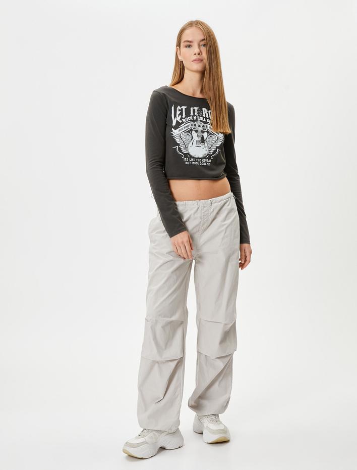  Uzun Kollu Tişört Pamuklu Müzik Temalı Baskılı Yuvarlak Yaka