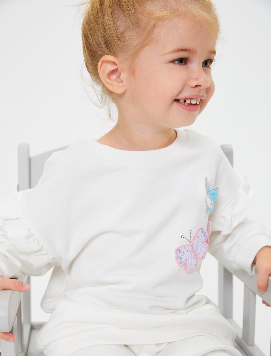  Kız Bebek Sweatshirt Şardonlu Kelebek Aplikeli Fırfır Detaylı Pamuklu