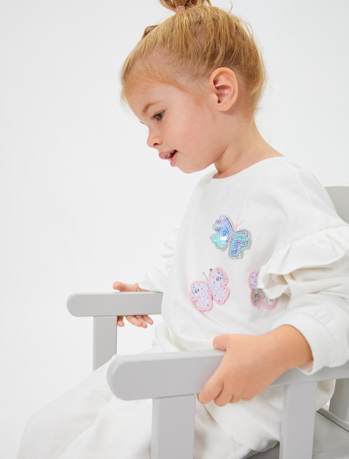 Kız Bebek Sweatshirt Şardonlu Kelebek Aplikeli Fırfır Detaylı Pamuklu