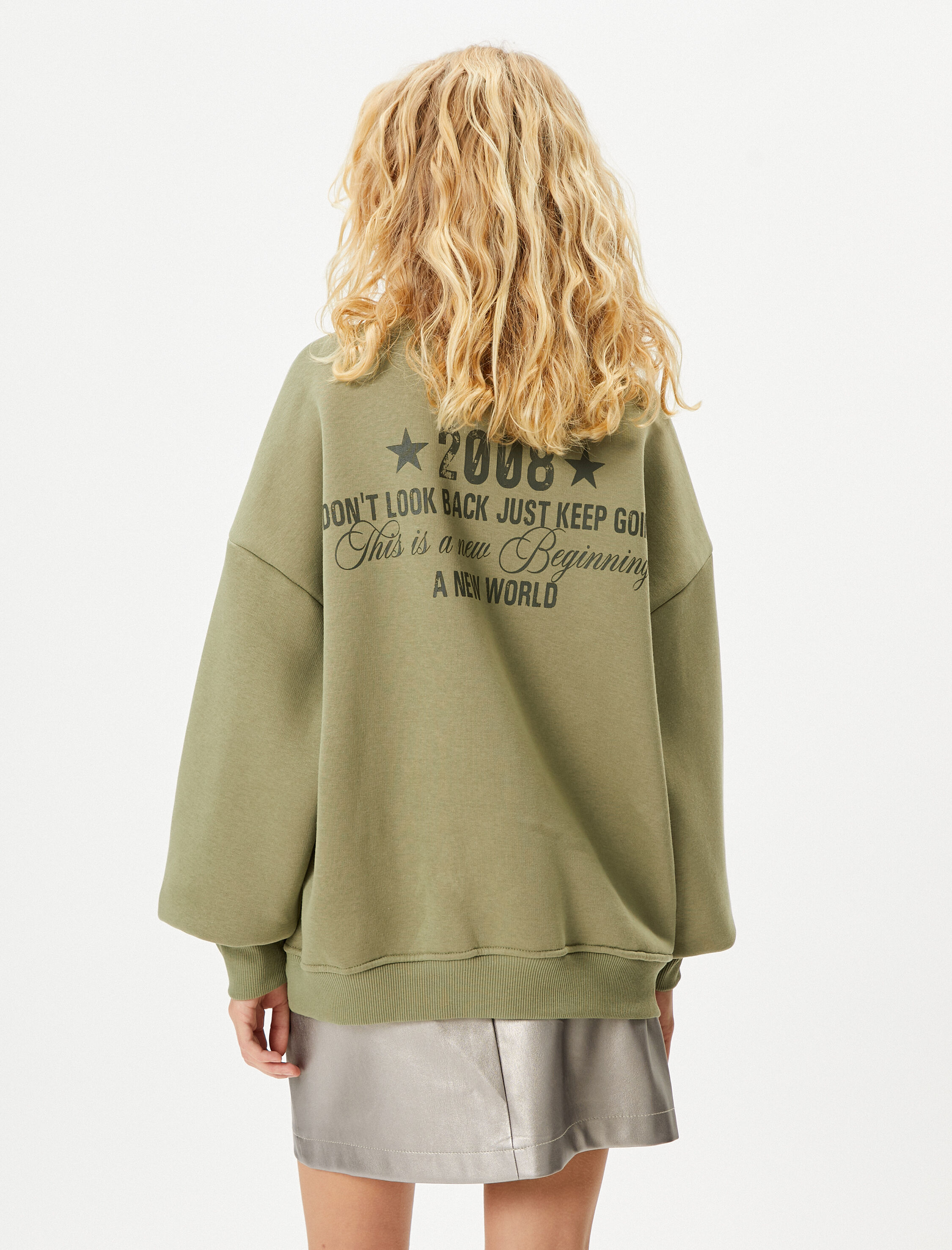   Şardonlu Kolej Baskılı Sweatshirt Uzun Kollu Bisiklet Yaka Taş Detaylı