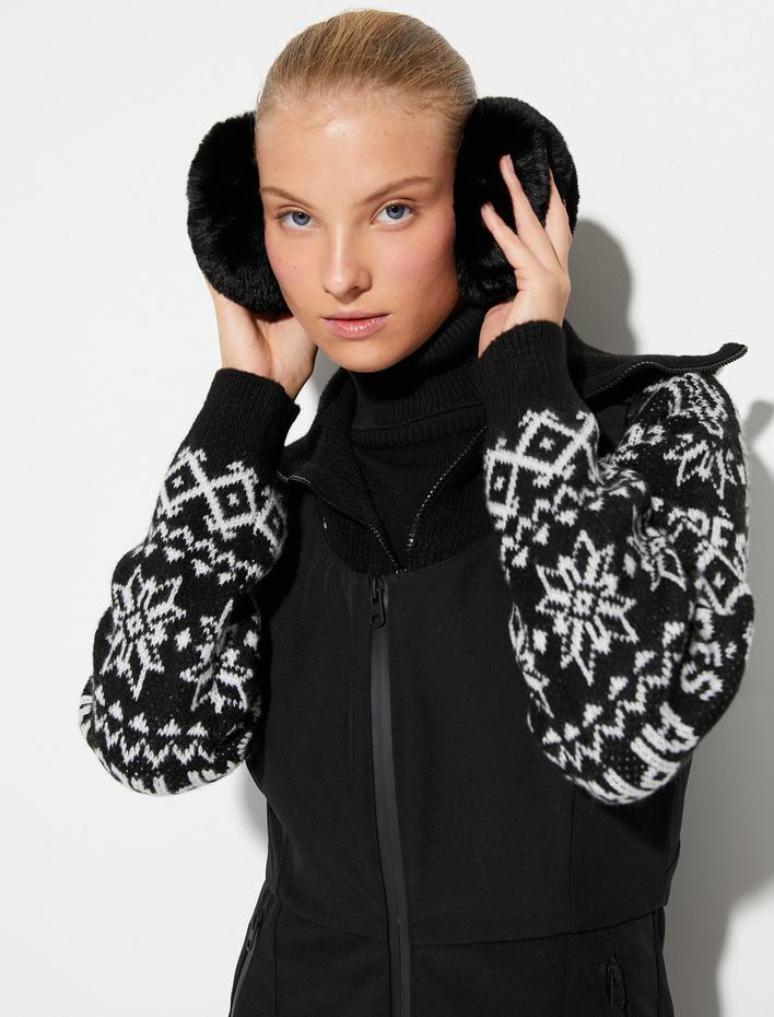  Örgü Kazak Yarım Fermuarlı Geniş Yaka Desenli