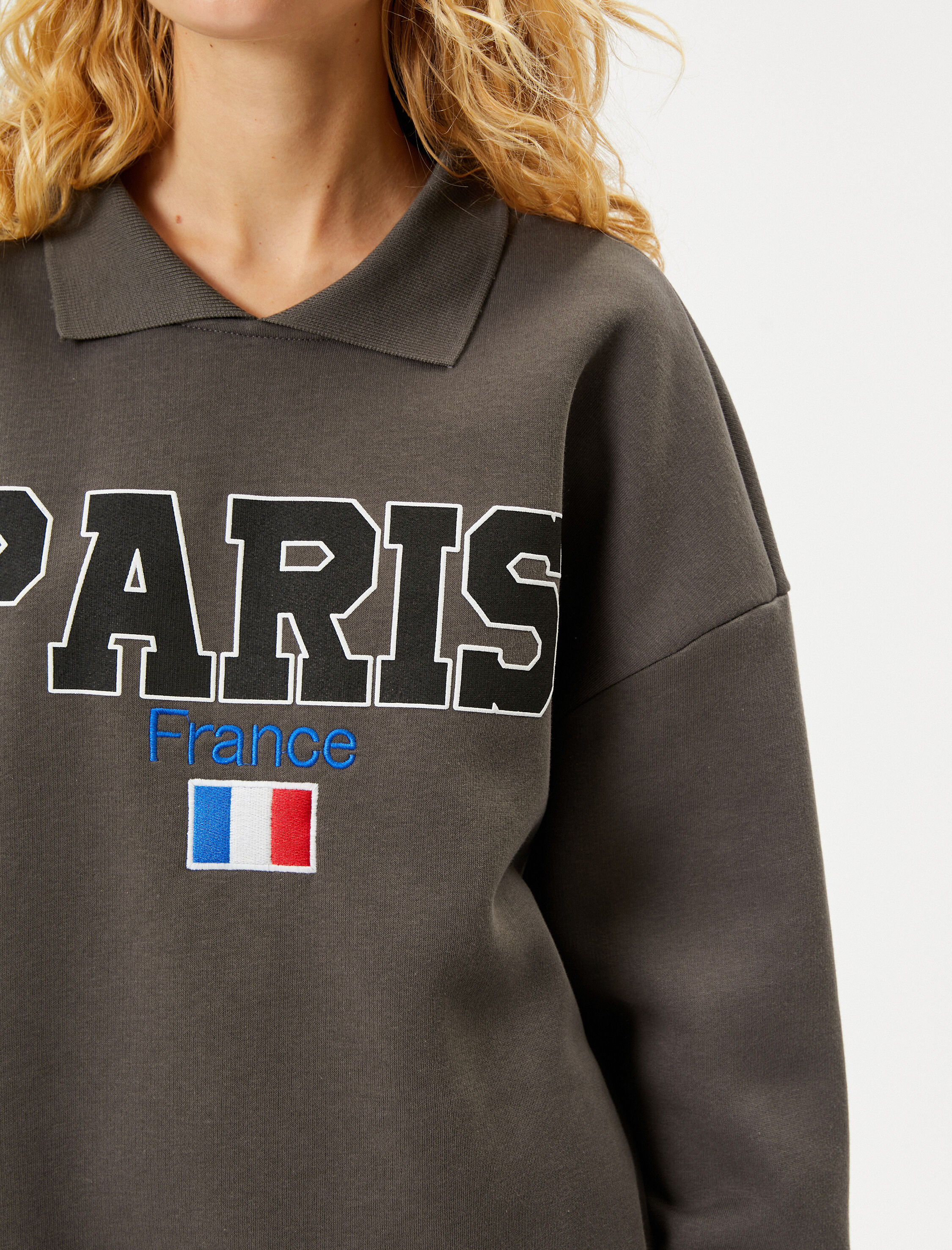   Şardonlu Gömlek Yaka Sweatshirt Paris Baskılı İşlemeli Uzun Kollu Pamuklu
