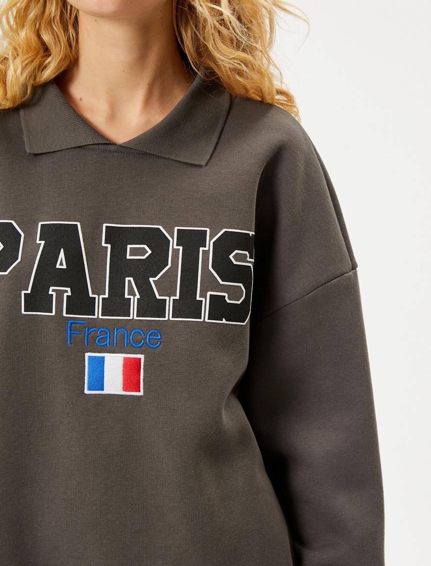   Gömlek Yaka Sweatshirt Paris Baskılı İşlemeli Uzun Kollu Pamuklu