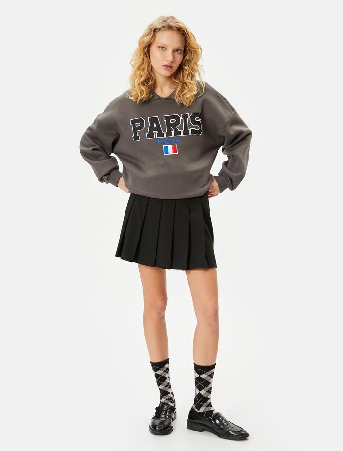  Şardonlu Gömlek Yaka Sweatshirt Paris Baskılı İşlemeli Uzun Kollu Pamuklu