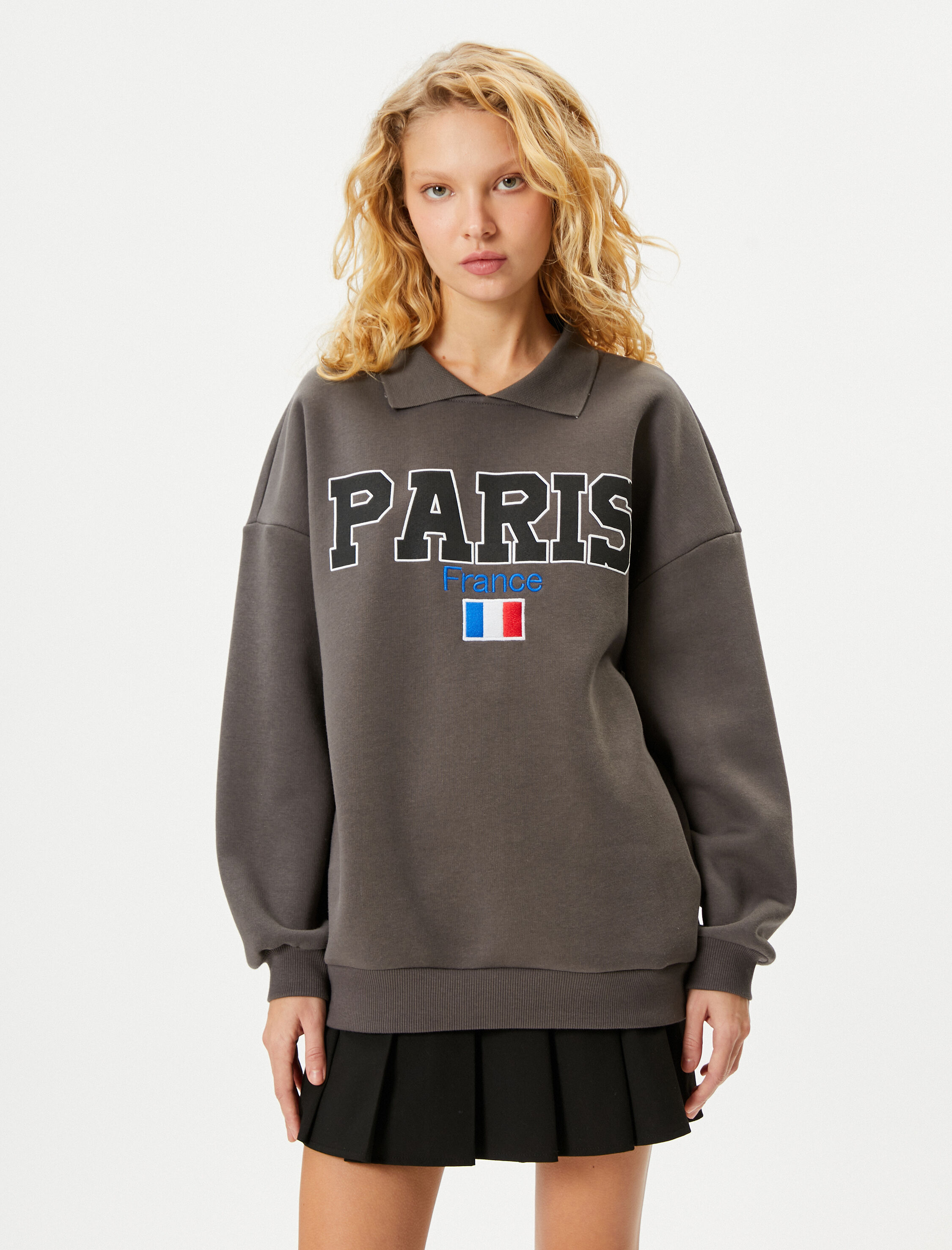   Şardonlu Gömlek Yaka Sweatshirt Paris Baskılı İşlemeli Uzun Kollu Pamuklu