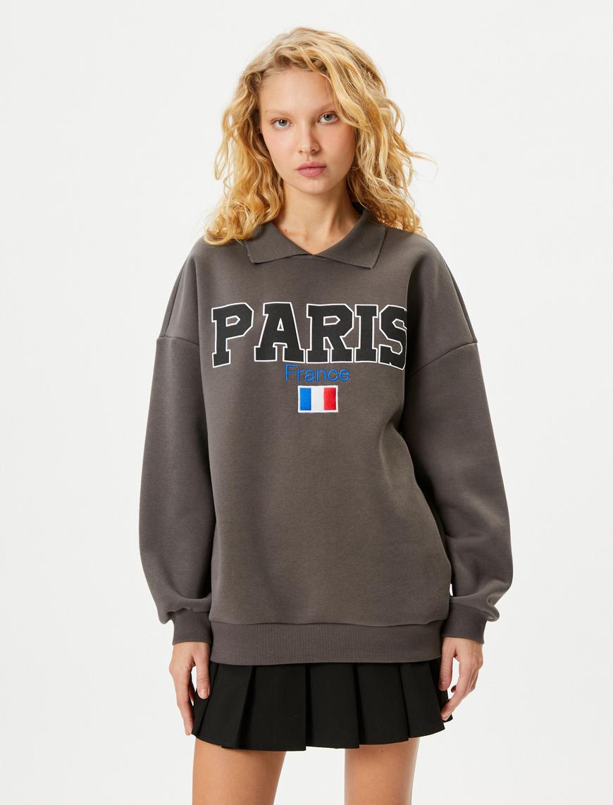   Gömlek Yaka Sweatshirt Paris Baskılı İşlemeli Uzun Kollu Pamuklu