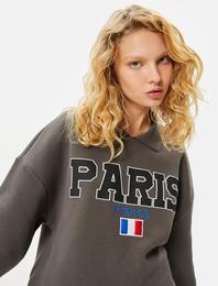 Gömlek Yaka Sweatshirt Paris Baskılı İşlemeli Uzun Kollu Pamuklu